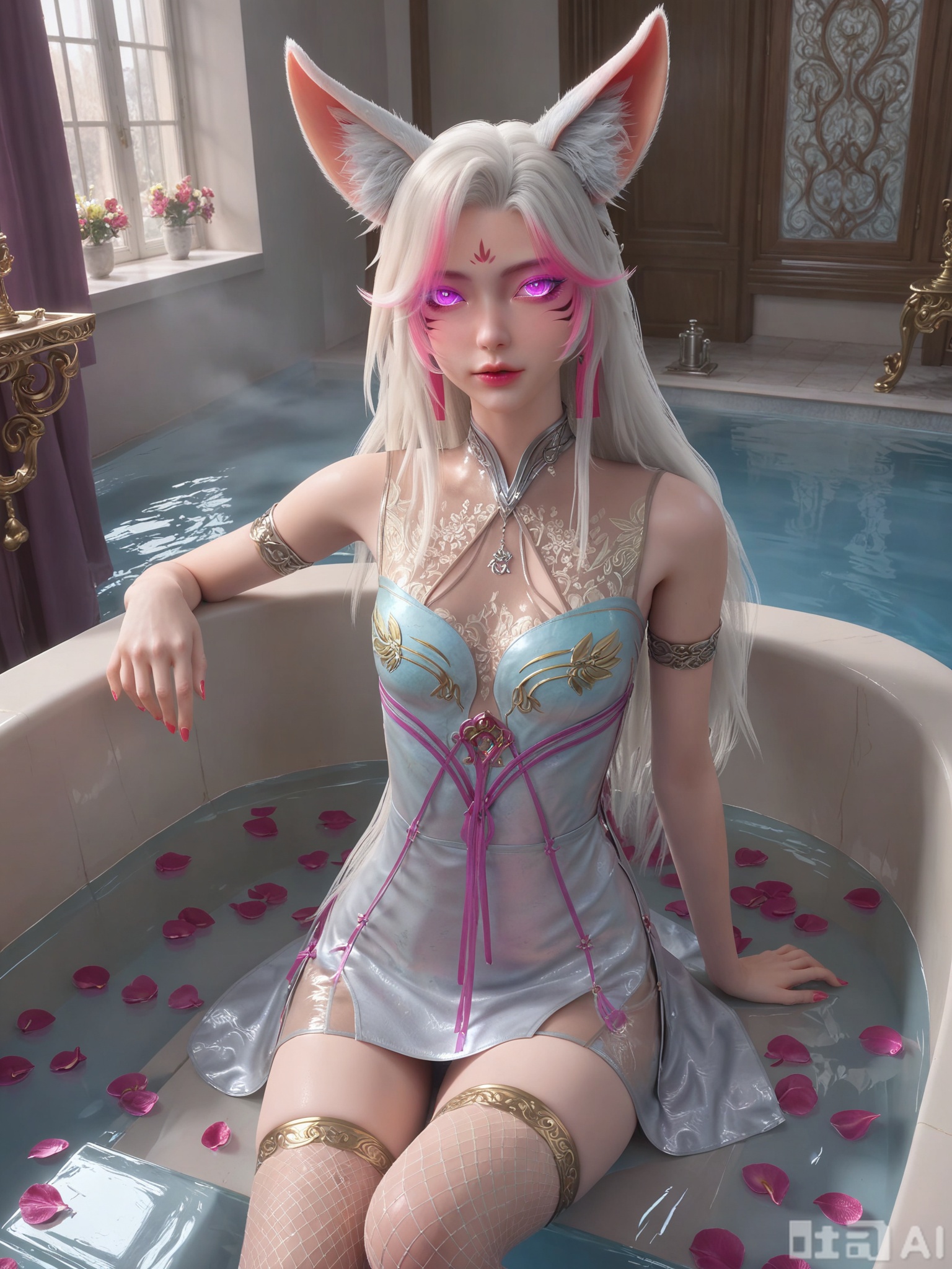 score_9,score_8_up,score_7_up,realistic,photorealistic,1girl,looking_at_viewer,realistic,dynamic poses,1girl,Vivid Colors,bright environment,delicate water,shiny skin,shiny hair,reflection,dress,falling petals,extreme detail description,(upper body:0.3),put one hand on your side,(skindentation:1.3),Fishnet stockings,bright,sunshine on face,light,sweating,dress,light,sitting_down,long hair,(skinny:1.3),lower leg,thin legs,slim hips,very slender legs,facial_mark,fox ears,glowing eyes,Indoor bath,Indoor bath