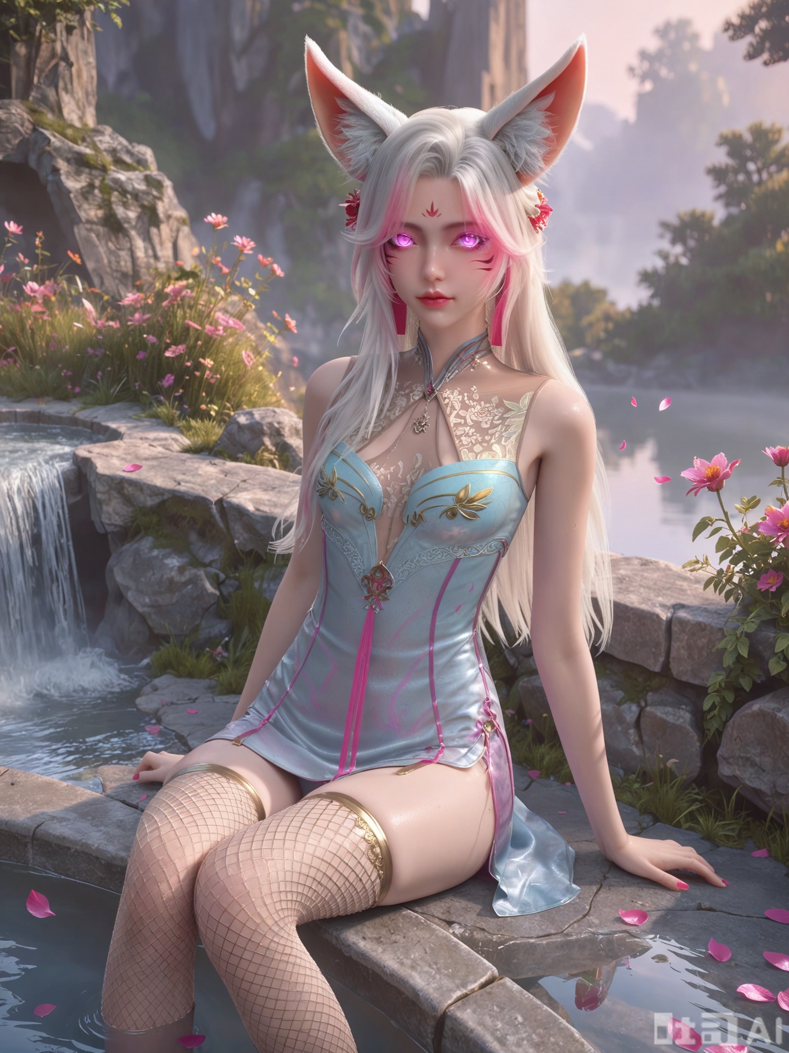 score_9,score_8_up,score_7_up,realistic,photorealistic,1girl,looking_at_viewer,realistic,dynamic poses,1girl,Vivid Colors,bright environment,delicate water,shiny skin,shiny hair,reflection,dress,flower sea,falling petals,extreme detail description,(upper body:0.3),put one hand on your side,(skindentation:1.3),Fishnet stockings,bright,sunshine on face,light,sweating,dress,light,sitting_down,long hair,(skinny:1.3),lower leg,thin legs,slim hips,very slender legs,facial_mark,fox ears,glowing eyes,Indoor bath,