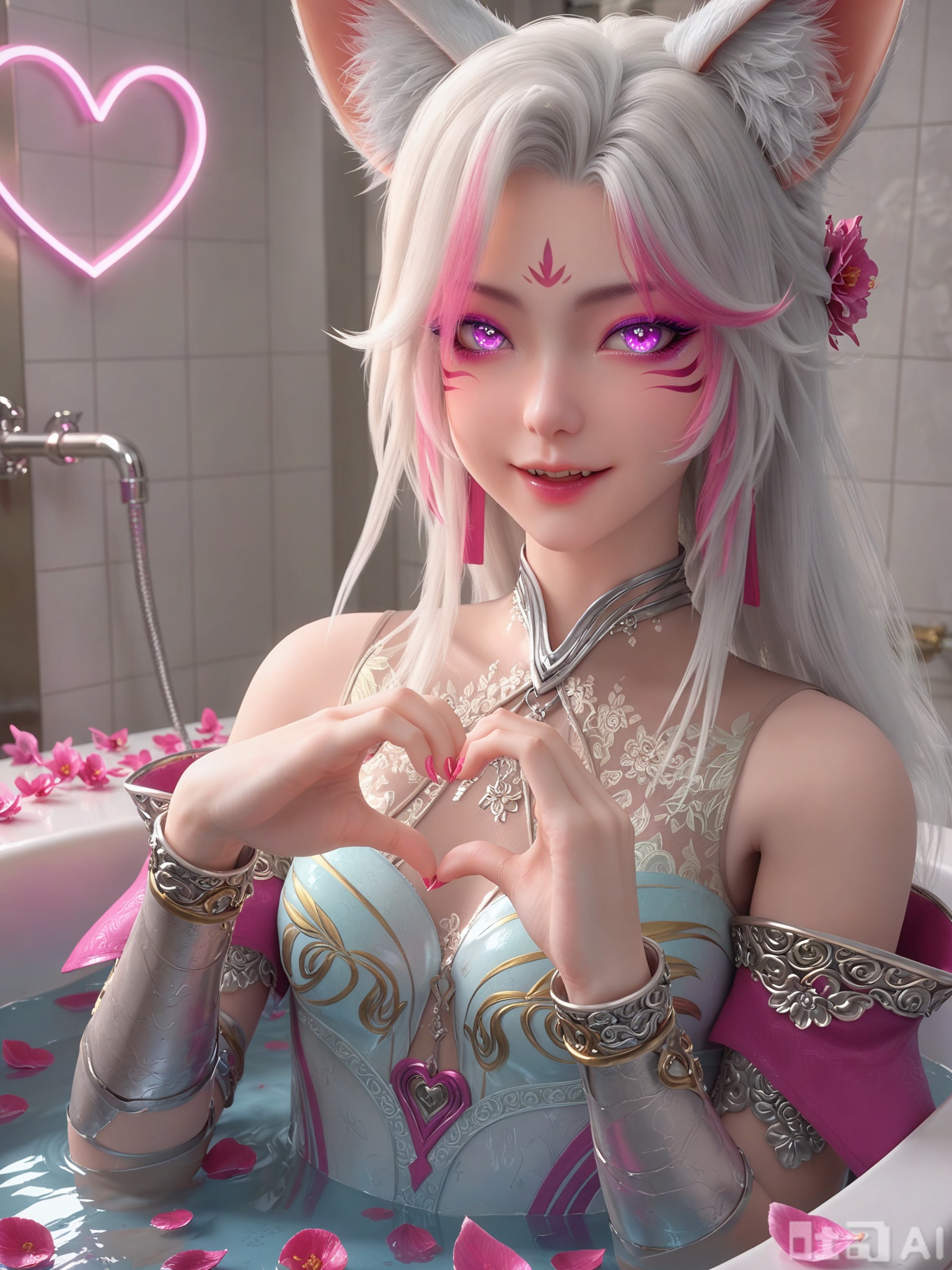 score_9,score_8_up,score_7_up,1girl,looking_at_viewer,realistic,1girl,Vivid Colors,bright environment,delicate water,shiny skin,shiny hair,reflection,(wariza:1.2),dress,jewelry,flower sea,falling petals,extreme detail description,(upper body:0.4),put one hand on your side,long_hair,(skindentation:1.3),Fishnet stockings,bright,sunshine on face,facial_mark,fox ears,Indoor bath,Indoor bath,bathroom,shiny,Metallic texture,Metallic texture,Magical light effects,bright_pupils,bright background,neon sign reflections on wet asphalt,Radiant,hand heart gesture,kawaii chibi smile with tiny fangs, sparkling eyes, Make a heart-to-heart gesture with your hands on your chest,