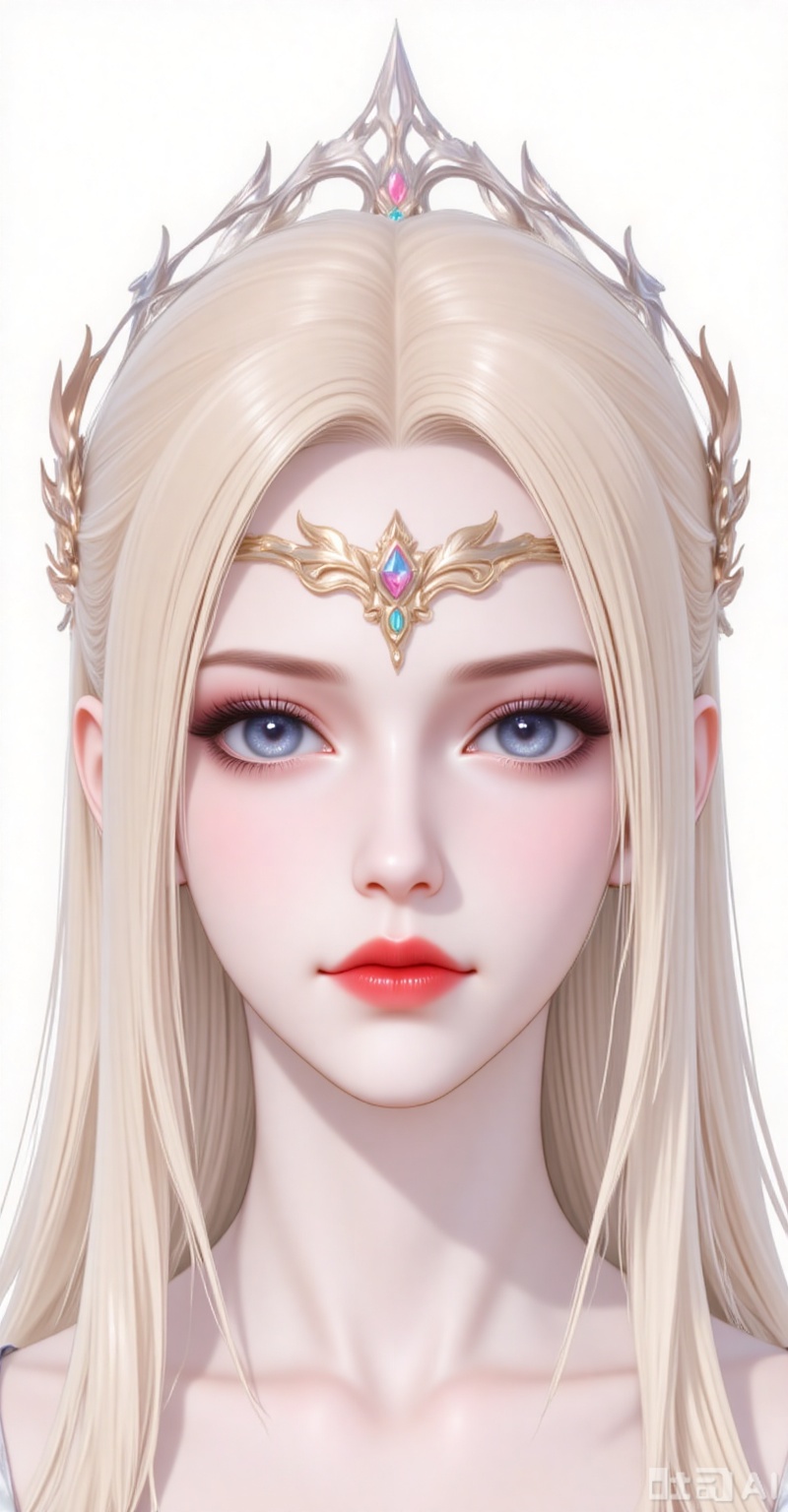 qianrenxue,1girl,solo,blue eyes,blonde hair,hair ornament,long hair,closed mouth,looking at viewer,jewelry,forehead_jewel,
dress, jewelry, white dress,looking_at_viewer,upper body,
white_background,simple background,
lvjing,lvjing,guanghuapifu,xiaowu,pifu