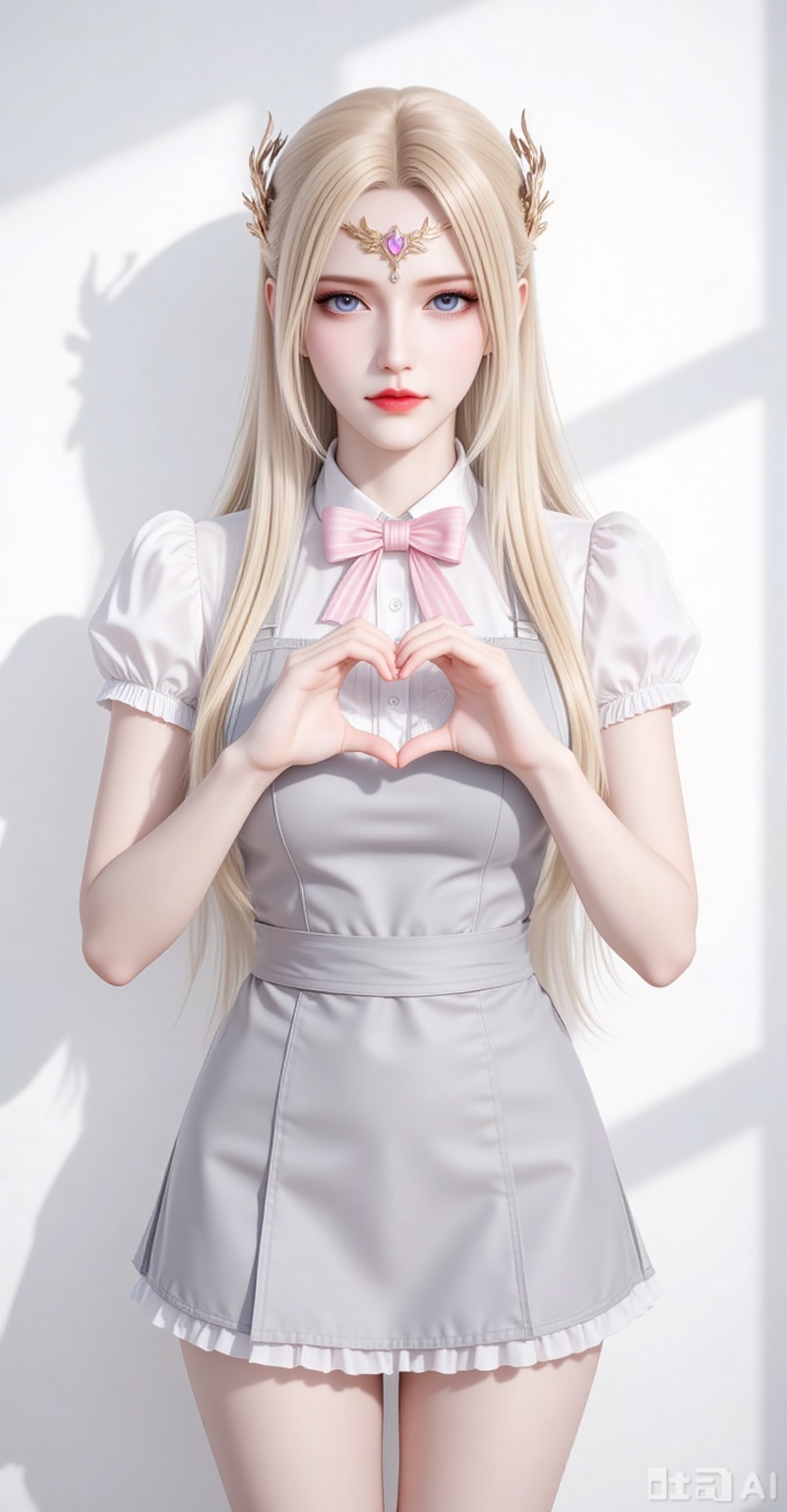 qianrenxue,1girl,solo,blue eyes,blonde hair,hair ornament,long hair,closed mouth,looking at viewer,jewelry,forehead_jewel,large breasts,
fair_skin, 
1girl,solo,bandaid on hand,butterfly hair ornament,heart,long hair,apron,open mouth,pink bowtie,hair ornament,white background,pink bow,short sleeves,dress,simple background,bow,striped bow,hair between eyes,shadow,puffy sleeves,frills,puffy short sleeves,heart hands,bowtie,hands up,grey apron,smile,looking at viewer,striped bowtie,symbol-shaped pupils,heart-shaped pupils,symbol in eye,grey bow,

cover,gradient background,close-up details,outstanding style,adding a touch of dimension to your images without compromising details,close-up,white_background,simple background,lvjing,pifu