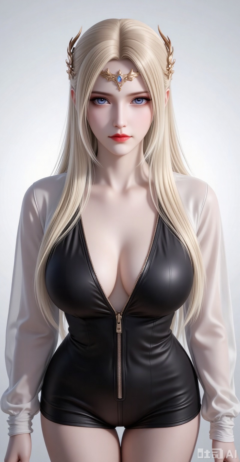 qianrenxue,1girl,solo,blue eyes,blonde hair,hair ornament,long hair,closed mouth,looking at viewer,jewelry,forehead_jewel,large breasts,
fair_skin, 
1girl,solo,breasts,cleavage,dress,large breasts,black dress,cowboy shot,partially unzipped,short dress,zipper,looking at viewer,long sleeves,simple background,arms at sides,

cover,gradient background,close-up details,outstanding style,adding a touch of dimension to your images without compromising details,close-up,white_background,simple background,lvjing,pifu