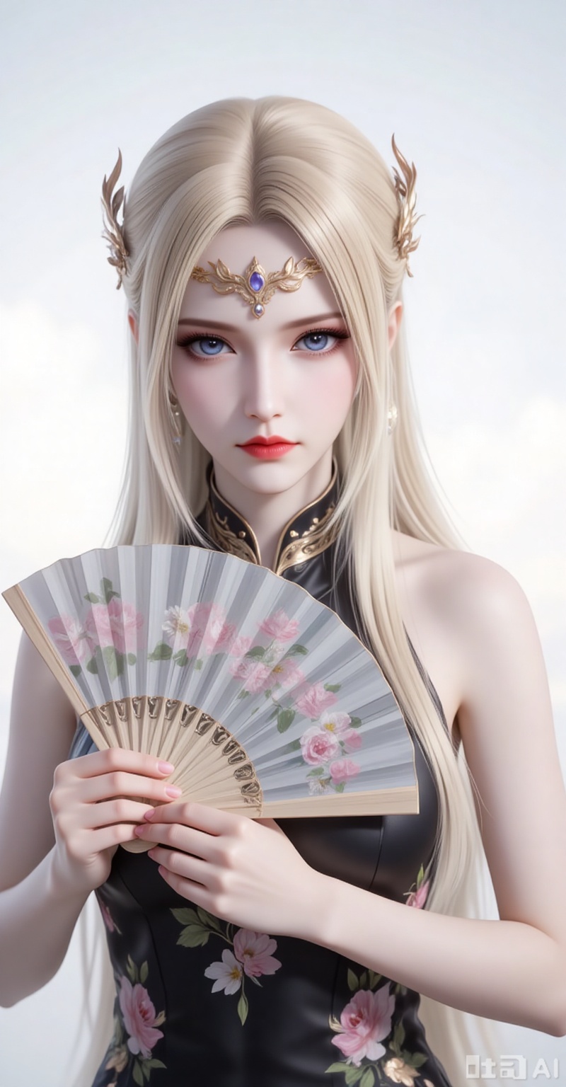 qianrenxue,1girl,solo,blue eyes,blonde hair,hair ornament,long hair,closed mouth,looking at viewer,jewelry,forehead_jewel,large breasts,
fair_skin, 
1girl,dress,hand fan,holding,solo,earrings,jewelry,chinese clothes,china dress,black dress,holding fan,floral print,blurry,sleeveless,looking at viewer,sleeveless dress,folding fan,standing,head tilt,2, cover,gradient background,close-up details,outstanding style,adding a touch of dimension to your images without compromising details,close-up,white_background,simple background,lvjing,pifu