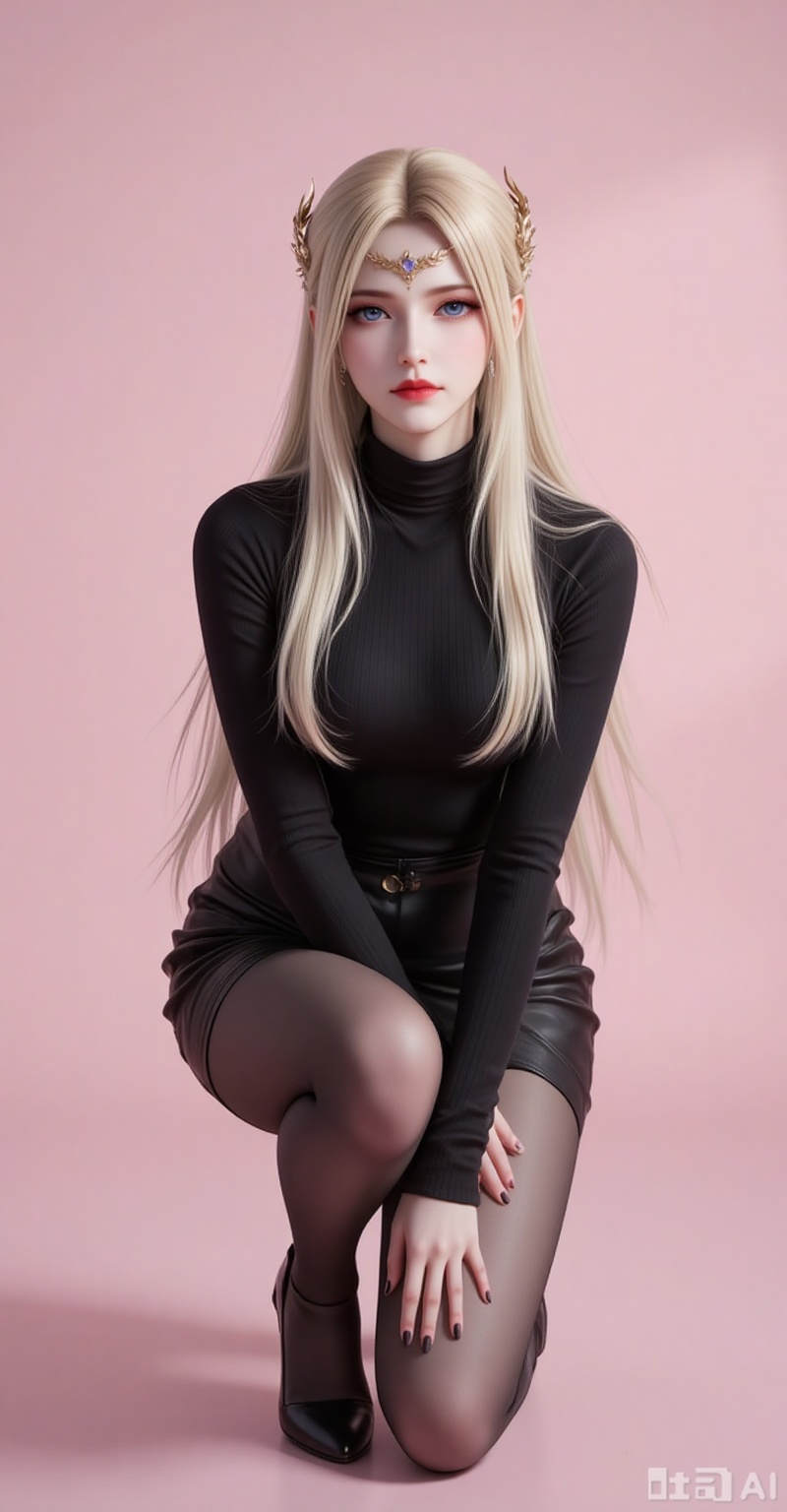 qianrenxue,1girl,solo,blue eyes,blonde hair,hair ornament,long hair,closed mouth,looking at viewer,jewelry,forehead_jewel,
fair_skin, 
1girl,solo,pantyhose,high heels,looking at viewer,black footwear,squatting,sweater,quad tails,full body,parted lips,black sweater,earrings,signature,black nails,long sleeves,parted bangs,jewelry,pencil skirt,skirt,bangs,turtleneck,nail polish,black pantyhose,dress,simple background, pink_background,