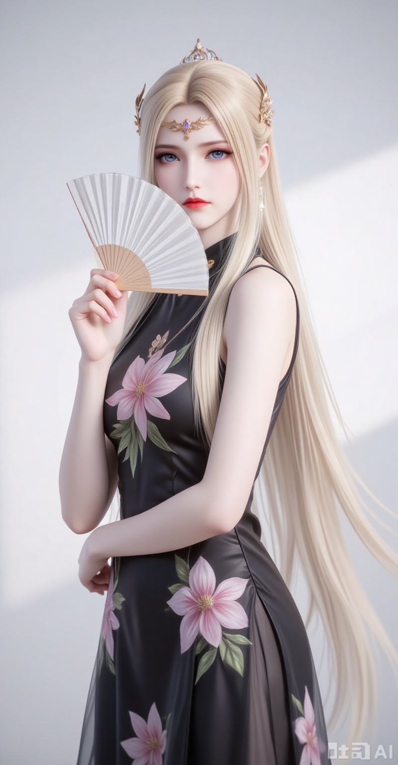 qianrenxue,1girl,solo,blue eyes,blonde hair,hair ornament,long hair,closed mouth,looking at viewer,jewelry,forehead_jewel,
fair_skin, 
1girl,dress,hand fan,holding,solo,earrings,jewelry,chinese clothes,china dress,black dress,holding fan,floral print,blurry,sleeveless,looking at viewer,sleeveless dress,folding fan,standing,head tilt,2, cover,gradient background,close-up details,outstanding style,adding a touch of dimension to your images without compromising details,close-up,white_background,simple background,lvjing,pifu