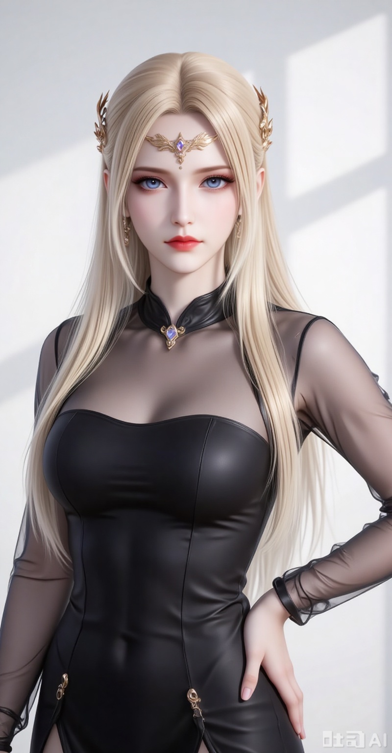 qianrenxue,1girl,solo,blue eyes,blonde hair,hair ornament,long hair,closed mouth,looking at viewer,jewelry,forehead_jewel,
1girl,solo,jewelry,earrings,see-through,dress,upper body,black dress,hand on own hip,breasts,see-through sleeves,
cover,gradient background,close-up details,outstanding style,adding a touch of dimension to your images without compromising details,close-up,white_background,simple background,lvjing,pifu