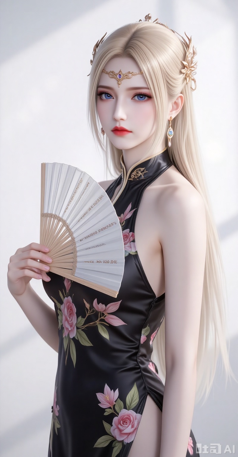 qianrenxue,1girl,solo,blue eyes,blonde hair,hair ornament,long hair,closed mouth,looking at viewer,jewelry,forehead_jewel,
fair_skin, 
1girl,dress,hand fan,holding,solo,earrings,jewelry,chinese clothes,china dress,black dress,holding fan,floral print,blurry,sleeveless,looking at viewer,sleeveless dress,folding fan,standing,head tilt,2, cover,gradient background,close-up details,outstanding style,adding a touch of dimension to your images without compromising details,close-up,white_background,simple background,lvjing,pifu