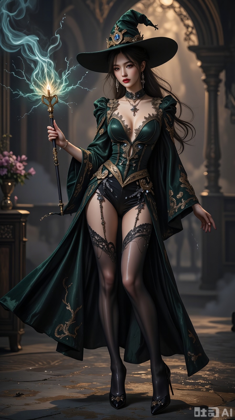 A magic female wizard in black shiny pantyhose, fantasy dark style. Azure magic fire jumps around her, with a mysterious atmosphere from the collision of pantyhose and velvet robe. Matte rendering is overlaid with glowing patterns, with dark green and dark gold as main colors. crystal-carved high heels, legs are adorned with crystal - carved high heels.It uses a full-body casting composition, with an oblique front perspective showing her agile posture when waving the wand.,gothic dress,plns,fine brushwork painting,crystal-carved high heels
