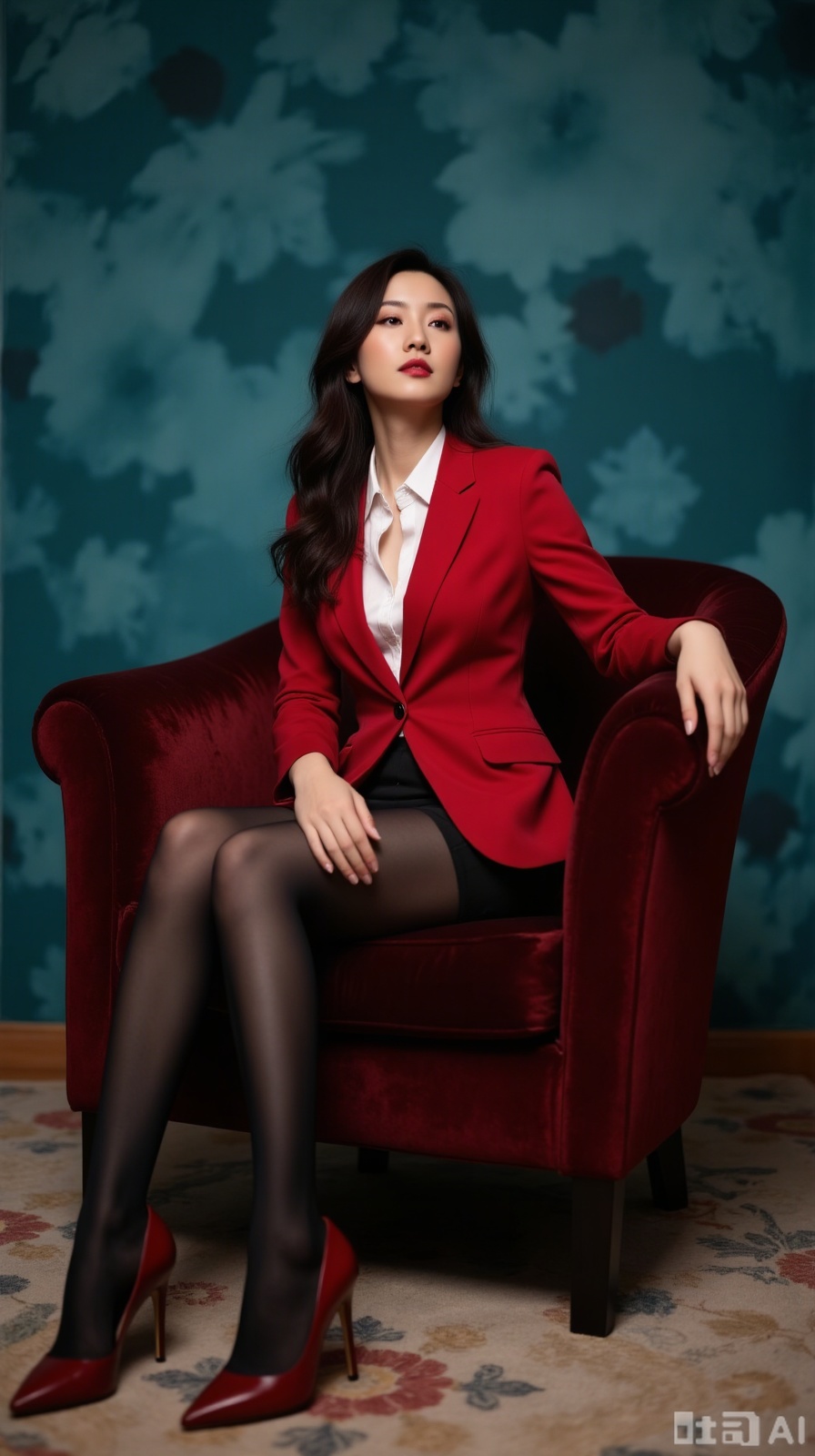 bright analog film style,fine detail,bright analog film style,fine detail,from below and low angle view,The image features a woman seated in an elegant pose on a velvet armchair. The portrayal is striking,presenting a contrast of bold red against a monochromatic teal backdrop,which is complemented by the chair's upholstery. The woman is dressed in a chic red suit with a collared shirt,black shiny pantyhose,and her red high-heeled shoes reflect the color of her attire,creating a harmonious yet vivid color palette. Her expression is calm and contemplative with a hint of confidence; her lips are painted a matching red,and her short dark hair frames her face. The woman's pose—leaning slightly back with one arm resting on the armchair and legs crossed—exudes a sense of poise and self-assuredness. The overall composition of the image,with its synchronization of colors and the subject's composed demeanor,gives off an air of stylish sophistication and contemporary elegance.The overall aesthetic of the photograph is sophisticated and stylish,with a hint of elegance and modernity.,plns,anr,color-speckled background,digital-art,model pose,Hong Kong style
