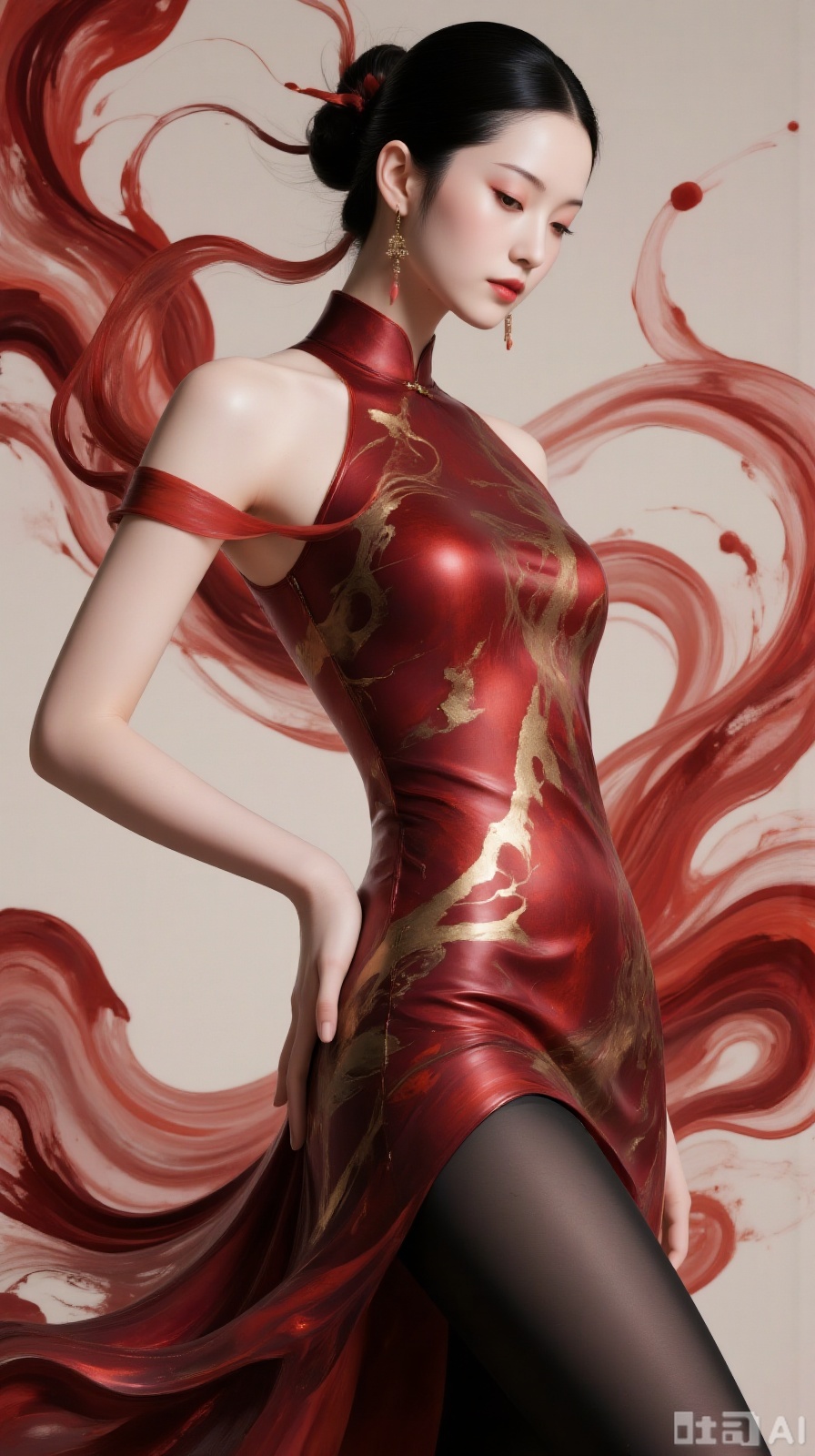 The wine-red slip cheongsam resembles rice paper saturated with thick ink, where crimson splatters look like fresh brushstrokes slanting across, and gold-gilded dark patterns embed in the texture like broken gold mixed with ink particles. The Eastern woman's curly hair is tangled with strands of crimson hair ribbons, akin to vivid marks of cinnabar bleeding on rice paper. When she stands sideways with one hand on her hip, her figure curves like an ink line drawn on red velvet. Crimson streamers twist like ink blobs licked by flames, their edges gradating like fading ink. As she moves, they glisten like silk, rippling like wind-stirred ink flows. Light makes the gold patterns leap on wine-red like flying white strokes. Amidst crimson's dance with form, freehand splatters merge with modern tailoring, embodying the fluid charm of new Chinese fashion.,Ink Wash Painting,Fluid Art,black shiny pantyhose