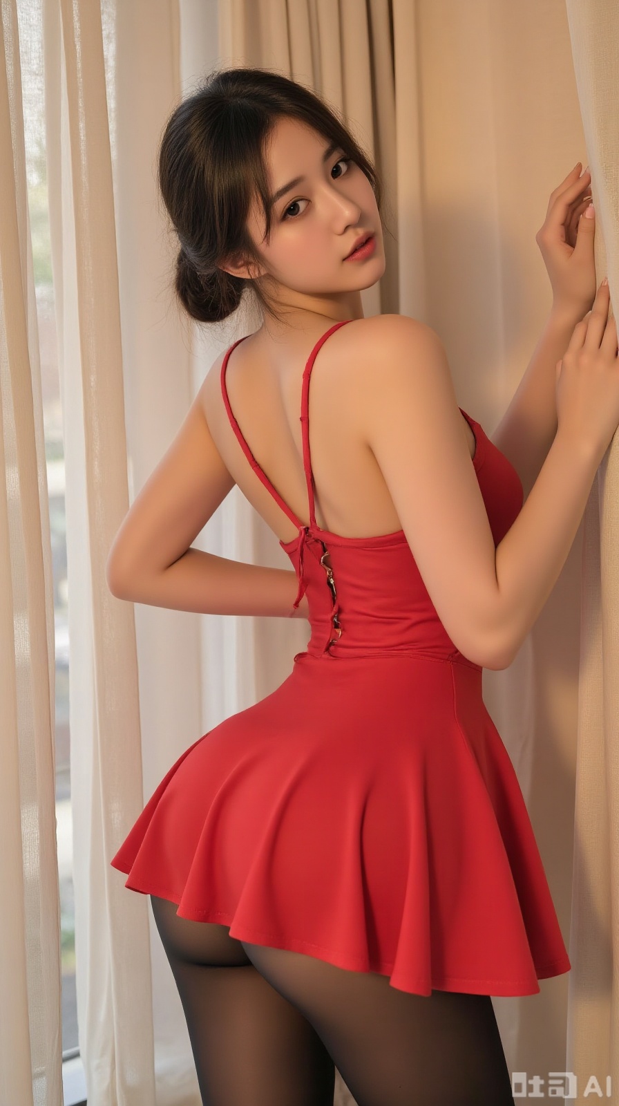 The image shows a woman wearing a red dress with thin straps,  leaning against a beige curtain. She is positioned in a way...