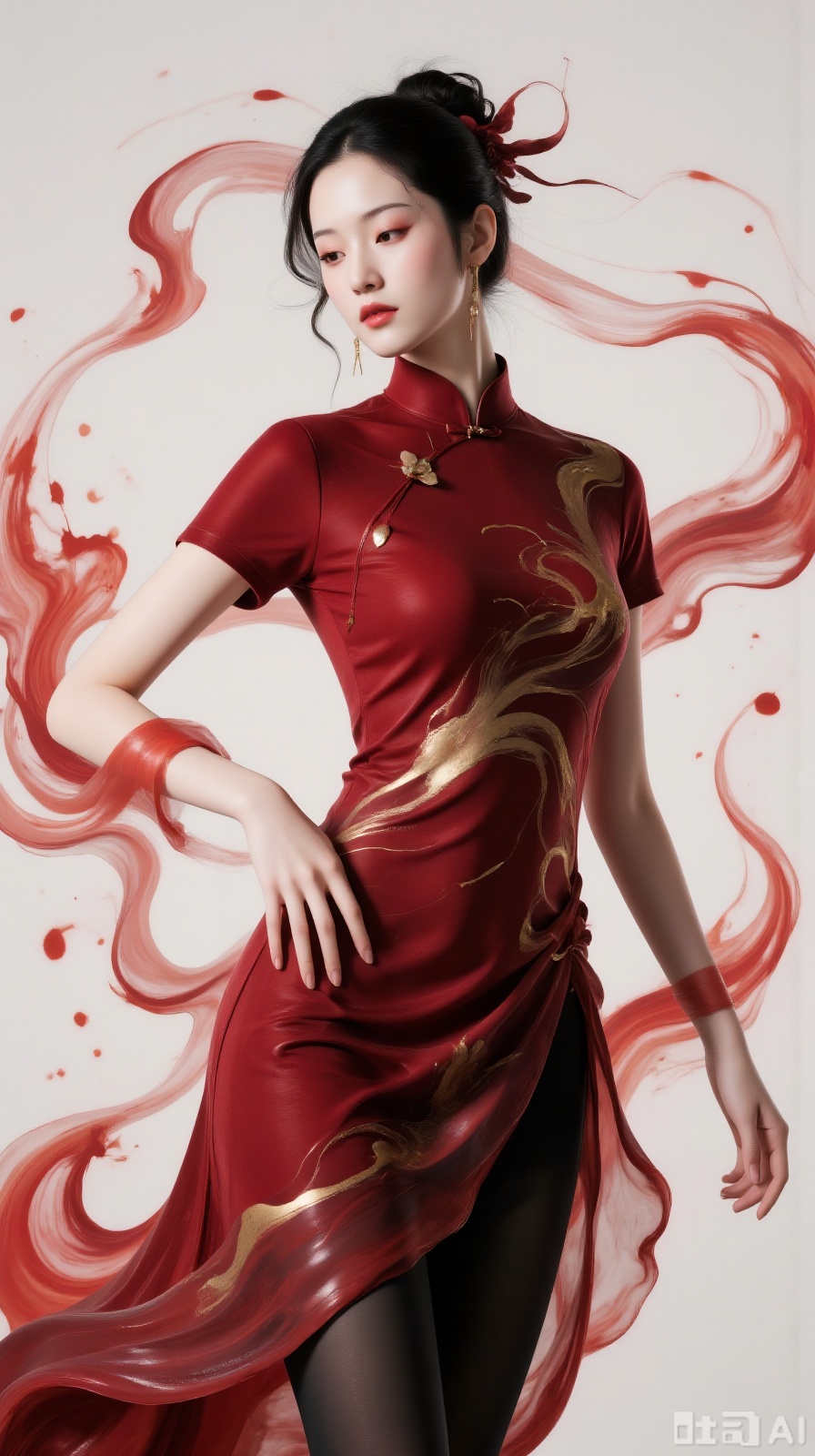 The wine-red slip cheongsam resembles rice paper saturated with thick ink, where crimson splatters look like fresh brushstrokes slanting across, and gold-gilded dark patterns embed in the texture like broken gold mixed with ink particles. The Eastern woman's curly hair is tangled with strands of crimson hair ribbons, akin to vivid marks of cinnabar bleeding on rice paper. When she stands sideways with one hand on her hip, her figure curves like an ink line drawn on red velvet. Crimson streamers twist like ink blobs licked by flames, their edges gradating like fading ink. As she moves, they glisten like silk, rippling like wind-stirred ink flows. Light makes the gold patterns leap on wine-red like flying white strokes. Amidst crimson's dance with form, freehand splatters merge with modern tailoring, embodying the fluid charm of new Chinese fashion.,Ink Wash Painting,Fluid Art,black shiny pantyhose