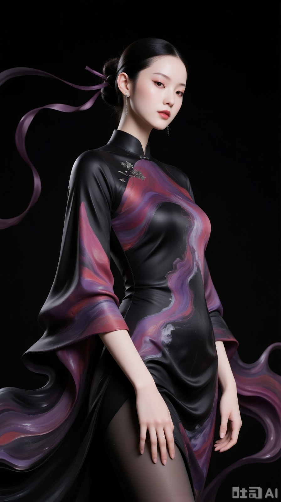  A woman in a round-collar robe dyed with crimson purple and jet black, the robe's purple-black gradient like dusk falling. The collar is embroidered with silver-threaded stars like faint lights in the dark night. Her hair bun is wrapped with strands of crimson purple ribbons, like embers of a sunset. She stands with hands hanging, the robe's hem fluttering as if the night were spreading. Dark purple ribbons flow like hidden rivers, their edges tinged with red-purple. Against a dark background like the night sky, the ink layers of the robe are highlighted like ink-splashed landscapes..,Ink Wash Painting,Fluid Art,,black shiny pantyhose