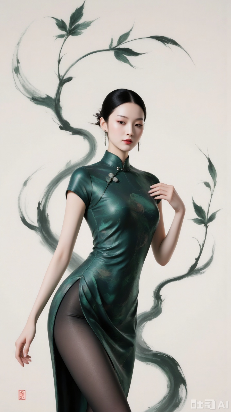 A woman in an improved qipao with ink-splashed bamboo shadows on a dark green background, the bamboo branches outlined in dark ink, leaf tips tinged with light cyan, silver-gray buttons like morning dew hanging on branches. Her black hair coiled into a low bun, a jasper bamboo joint hairpin, a few strands of dark green ribbons hanging beside her temples. She leans sideways, a section of jade-like leg exposed at the qipao slit like a straight bamboo stem, light gray ribbons coiling like bamboo wind. Against an off-white background, she is like a clear figure walking out of an ink bamboo painting..,Ink Wash Painting,Fluid Art,,black shiny pantyhose