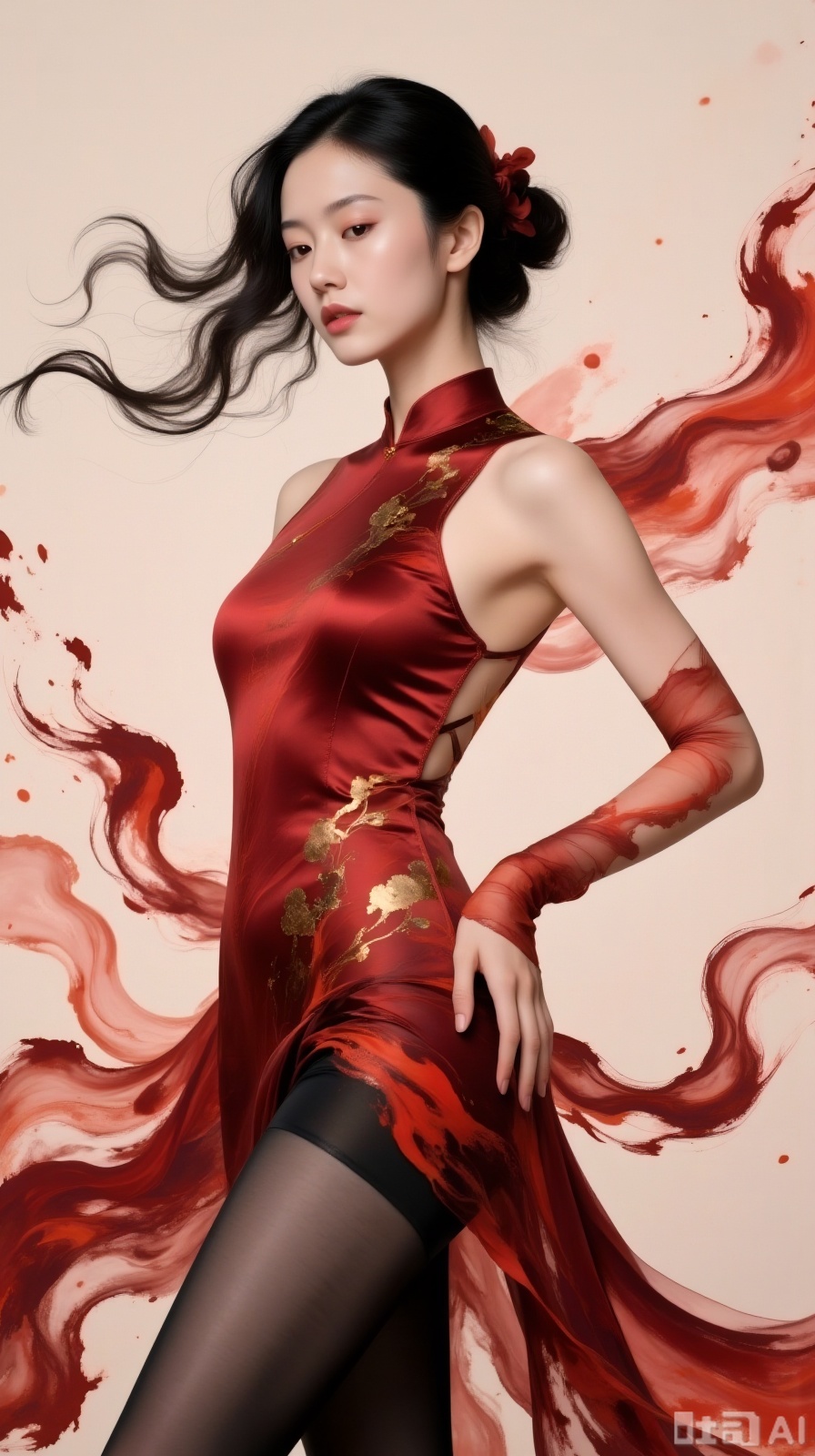 The wine-red slip cheongsam resembles rice paper saturated with thick ink, where crimson splatters look like fresh brushstrokes slanting across, and gold-gilded dark patterns embed in the texture like broken gold mixed with ink particles. The Eastern woman's curly hair is tangled with strands of crimson hair ribbons, akin to vivid marks of cinnabar bleeding on rice paper. When she stands sideways with one hand on her hip, her figure curves like an ink line drawn on red velvet. Crimson streamers twist like ink blobs licked by flames, their edges gradating like fading ink. As she moves, they glisten like silk, rippling like wind-stirred ink flows. Light makes the gold patterns leap on wine-red like flying white strokes. Amidst crimson's dance with form, freehand splatters merge with modern tailoring, embodying the fluid charm of new Chinese fashion.,Ink Wash Painting,Fluid Art,black shiny pantyhose