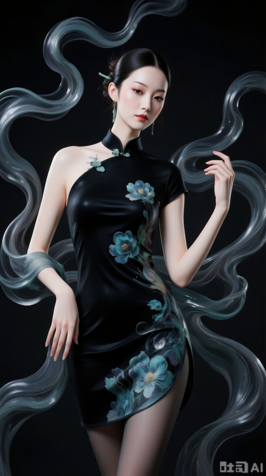 A woman in a short cheongsam with black jacquard and peacock blue buttons, indigo ribbons coiling like smoke, edges transitioning to grayish-blue, shining with hidden patterns when moving. The Eastern woman with a jade hairpin in her coiled hair has a dignified yet lively posture, ribbons spreading like mist. The background is night-like, emphasizing the depth of dark colors..,Ink Wash Painting,Fluid Art,black shiny pantyhose