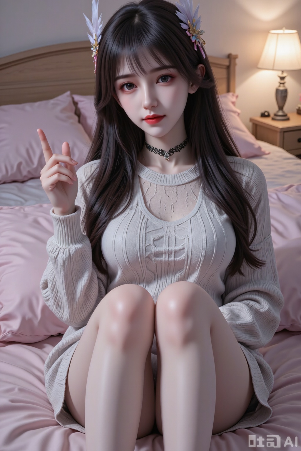Masterpiece, best quality, high quality, (colorful), big breasts, (white hair: 1.4), (long legs: 1.3).masterpiece,very aware,highres,absurdres,newest,best quality,high quality,chromatic_aberration,cinematic_angle,dutch angle, 1girl, solo, v, long hair, looking at viewer, sweater, black hair, sitting, on bed, smile, sleeves past wrists, long sleeves, grey eyes, bed, head tilt, indoors, pillow, :p, cable knit, hand up, blush, choker, brown hair, thighhighs, breasts, hair between eyes, official art,depth of field,detailed light,blurry background,best shadow,shiny skin,cinematic lighting,ray tracing, amazing quality,very aesthetic,absurdres,beast quality,ultra detailed,newest,8K,HDR,