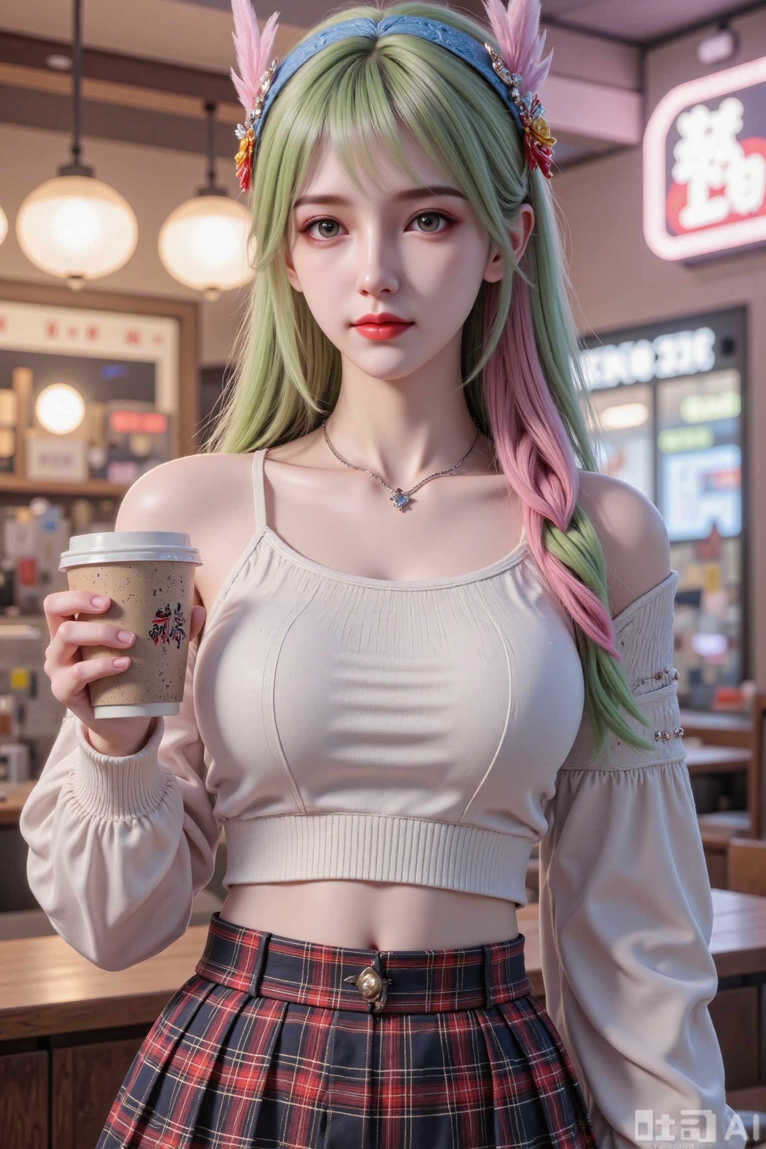 Mitsuri Kanroji,kanroji mitsuri,1girl,mole under eye,pink hair,green eyes,demon slayer uniform,green hair,long hair,multicolored hair,braid,open mouth,blush,gradient hair,kamado tanjirou,bangs, 1girl,skirt,plaid skirt,realistic,solo,plaid,cup,blurry background,blurry,looking at viewer,holding,disposable cup,holding cup,hairband,sweater,necklace,crop top,blue hairband,midriff,shirt,jewelry,white sweater,off shoulder,white shirt, close-up details,outstanding style,adding a touch of dimension to your images without compromising details,whirls of vapor,iridescent textures,(Anime:1.1),ethereal ambiance,delicate details,magical high-concept,32K UHD,sharp focus,best-quality,masterpiece,golden hour,unconventional supreme masterpiece,masterful details,temperate atmosphere,with a high-end texture,in the style of fashion photography,photography,cover,dynamic angle,dynamic posture,extreme aesthetic,(wlop:0.6),(honjou raita, lack, rella:0.5, wanke),masterpiece,best quality,good quality,very aesthetic,absurdres,visual impact,a shot with tension,ultra-high resolution,32K UHD,sharp focus,best-quality,masterpiece,emotionalization,unconventional supreme masterpiece,masterful details,temperate atmosphere,with a high-end texture,in the style of fashion photography,(visual impact:1.2),giving the poster a dynamic and visually striking appearance,impactful picture,official art,colorful,splash of color,movie perspective,masterpiece,best quality,amazing quality,very aesthetic,absurdres,best quality,newest,

展开