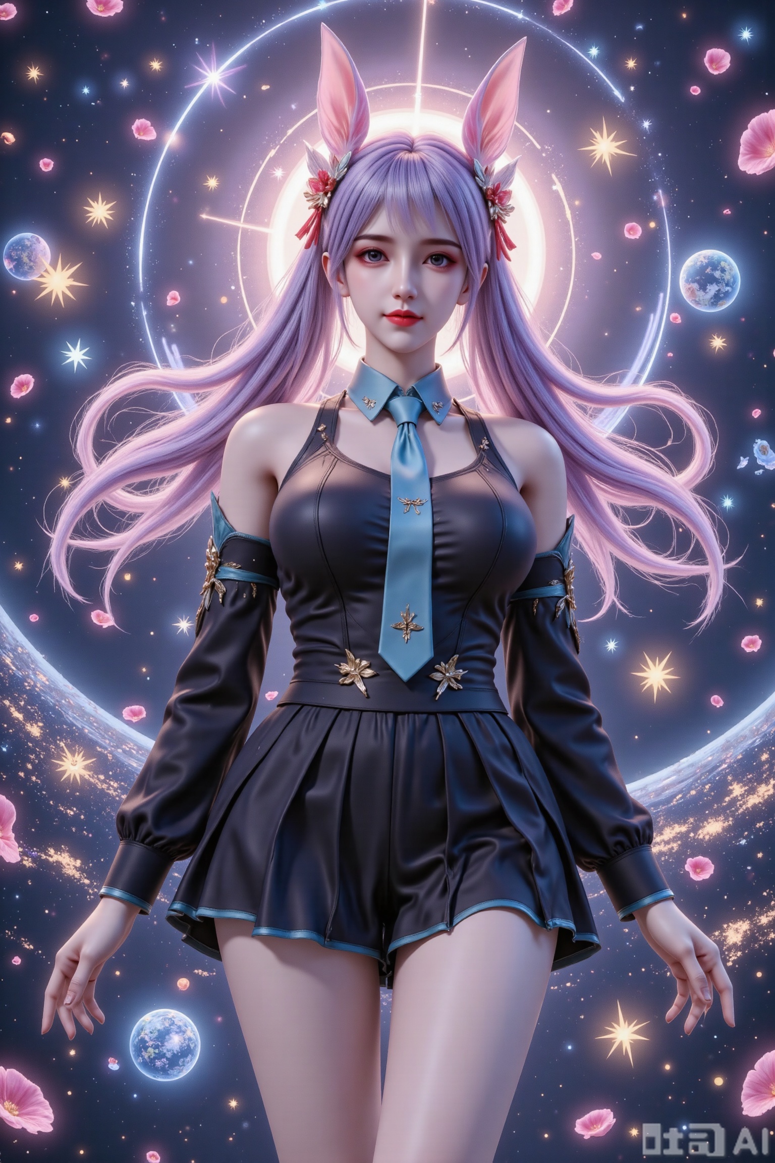 Masterpiece, the best quality, high quality, (colorful) , big breasts,,(black hair:1.4),(long legs:1.3), Masterpiece, the best quality, high quality, (colorful) , big breasts,,(aqua hair:1.4),(long legs:1.3),（rabbit ears）, Masterpiece, the best quality, high quality, (colorful) , big breasts,,(long legs:1.3),twintails , aqua nails, aqua necktie, hatsune miku ,  DSLR Quality,Depth of field ,looking_at_viewer,Dynamic pose, , kind smile,1girl , 8k resolution, Masterpiece quality, High detail. from below, Fantasy theme, cropped. {(1 girl:1.5),(close to viewer:1.8), ((looking at viewer:2), beautiful face, ), ((worm's eye shot:1.2)),perspective distortion}, (Panoramic view, fisheye lens effect:1.1). {(Strong backlighting, underexposure:1.4), (blocked shadows:0.8), depth of field(at 100mm focal length:1.2)}, (horizon:0.7), low key earth. the starry sky feathering into the background, creating a sense of depth and gradient. Incorporating Droste Effect(an endless repetition and reflection:1.2). Surrounded by fluttering rose petals, reflected or casting dramatic shadows and highlights, {(meteor shower, planets:1.1), (Vermilion Comet:1.3)}. mesmerizing effect, a dreamlike ambiance of infinity. A vortex of rose petals, a starry sky vortex, , as, vortex, tyjf,yunxiao,purple eyes,purple hair