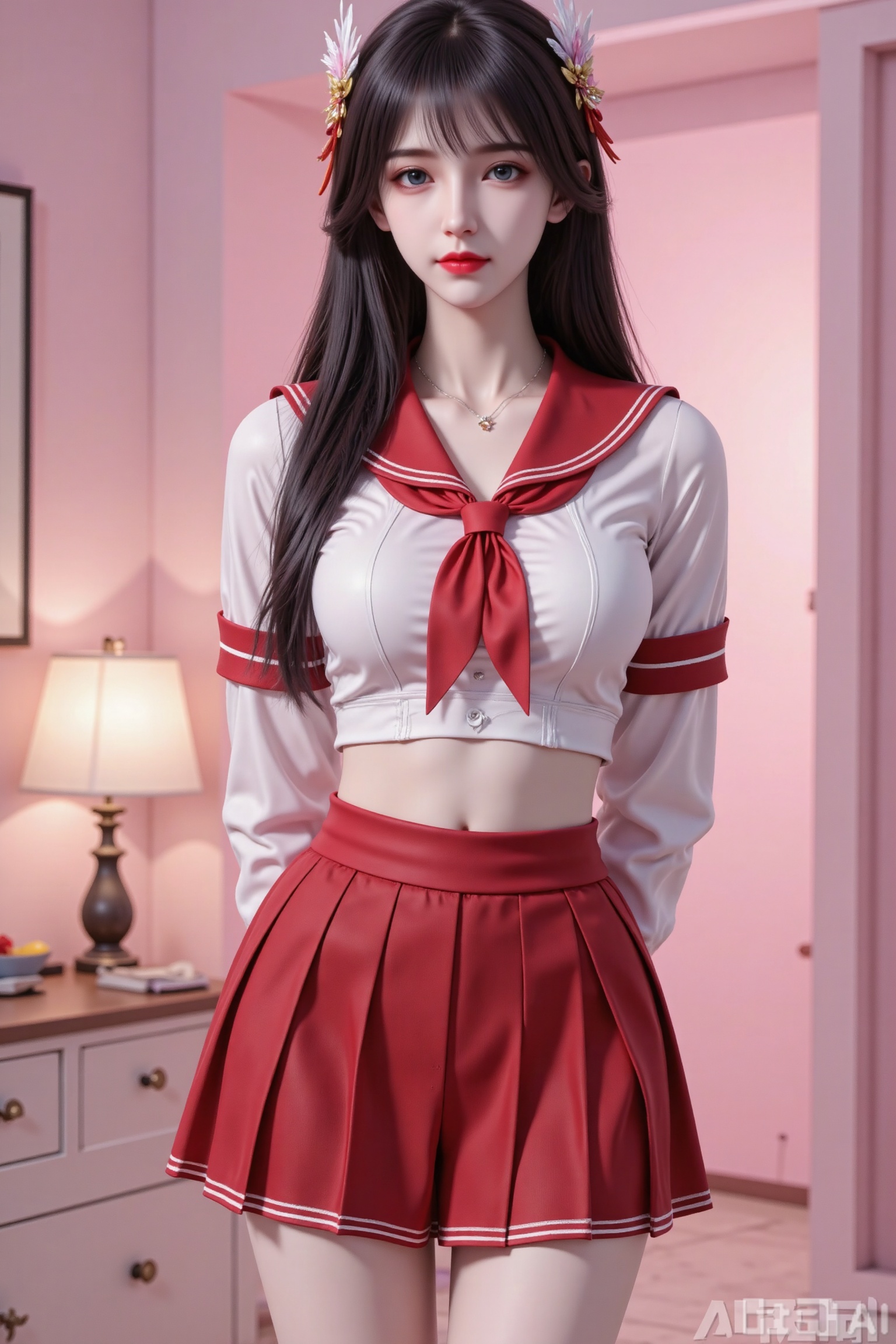 Masterpiece, the best quality, high quality, (colorful) , big breasts,,(black hair:1.4),(long legs:1.3),1 girl,big eyes,film collage,3D mystery,CAD,3D rendering,resin material,monochrome background,soft color,delicate gloss,clean background,rendering,best quality,ultimate studio light,3DIP,3D,
1girl, skirt, solo, breasts, red skirt, school uniform, pleated skirt, serafuku, necklace, jewelry, crop top, neckerchief, blurry background, shirt, sailor collar, collarbone, large breasts, blurry, midriff, white shirt, arms behind back, red sailor collar, cleavage, long sleeves, indoors, red neckerchief, standing, star \(symbol\), miniskirt, pink_background,simple background,
nvdi,lvjing,lvjing,baoshi, black hair,long hair,blue eyes,
