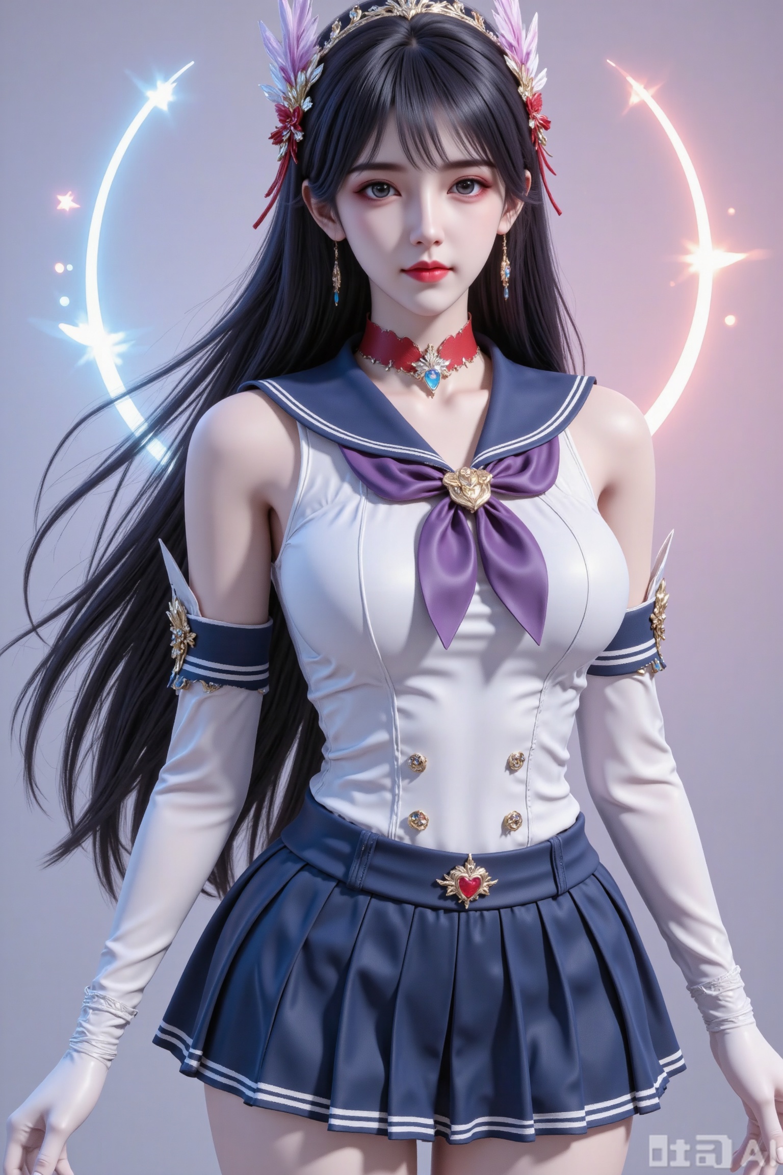 Masterpiece, the best quality, high quality, (colorful) , big breasts,,(black hair:1.4),(long legs:1.3),1 girl,black hair,long hair,blue eyes,jewelry,earrings,(shadow:1.2)
1girl,sailor senshi uniform,solo,jewelry,skirt,gloves,earrings,blue skirt,white gloves,sailor collar,bow,breasts,choker,elbow gloves,magical girl,back bow,covered navel,pleated skirt,looking at viewer,brooch,purple bow,heart brooch,red choker,miniskirt,closed mouth,large breasts,collarbone,red gemstone,tiara,cowboy shot,
cover,simple background,gradient background,close-up details,outstanding style,adding a touch of dimension to your images without compromising details,close-up