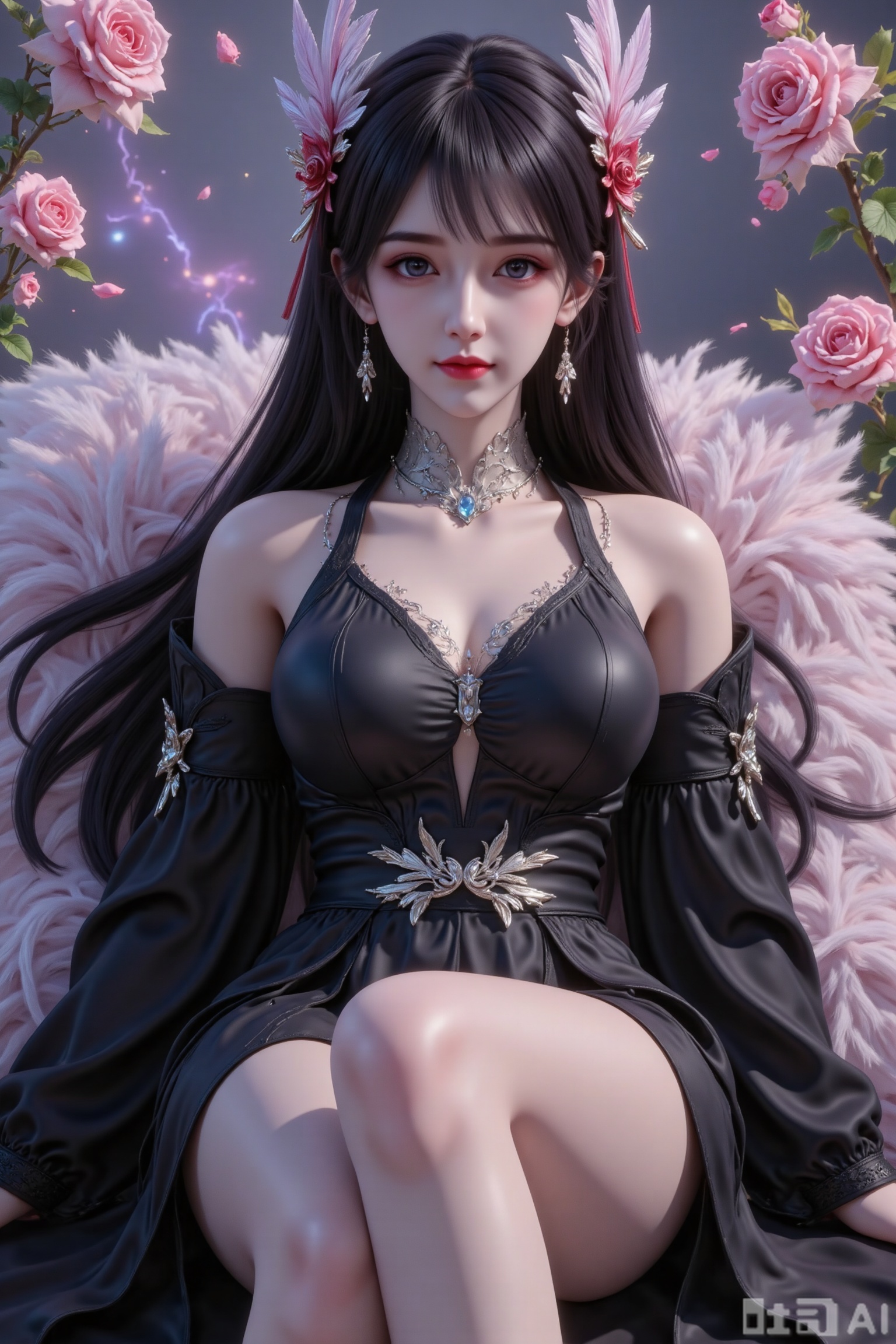 Masterpiece, the best quality, high quality, (colorful) , big breasts,,(black hair:1.4),(long legs:1.3),1girl, breasts, solo, blue eyes, high heels, long hair, dress, black hair, jewelry, boa hancock, earrings, looking at viewer, flower, large breasts, bare shoulders, black dress, rose, smile, pink flower, pink nails, off shoulder, closed mouth, lying, long sleeves, black footwear, side slit, forehead, collarbone, pink rose, nail polish, thighs,1
cover,simple background,gradient background,close-up details,outstanding style,adding a touch of dimension to your images without compromising details,close-up,