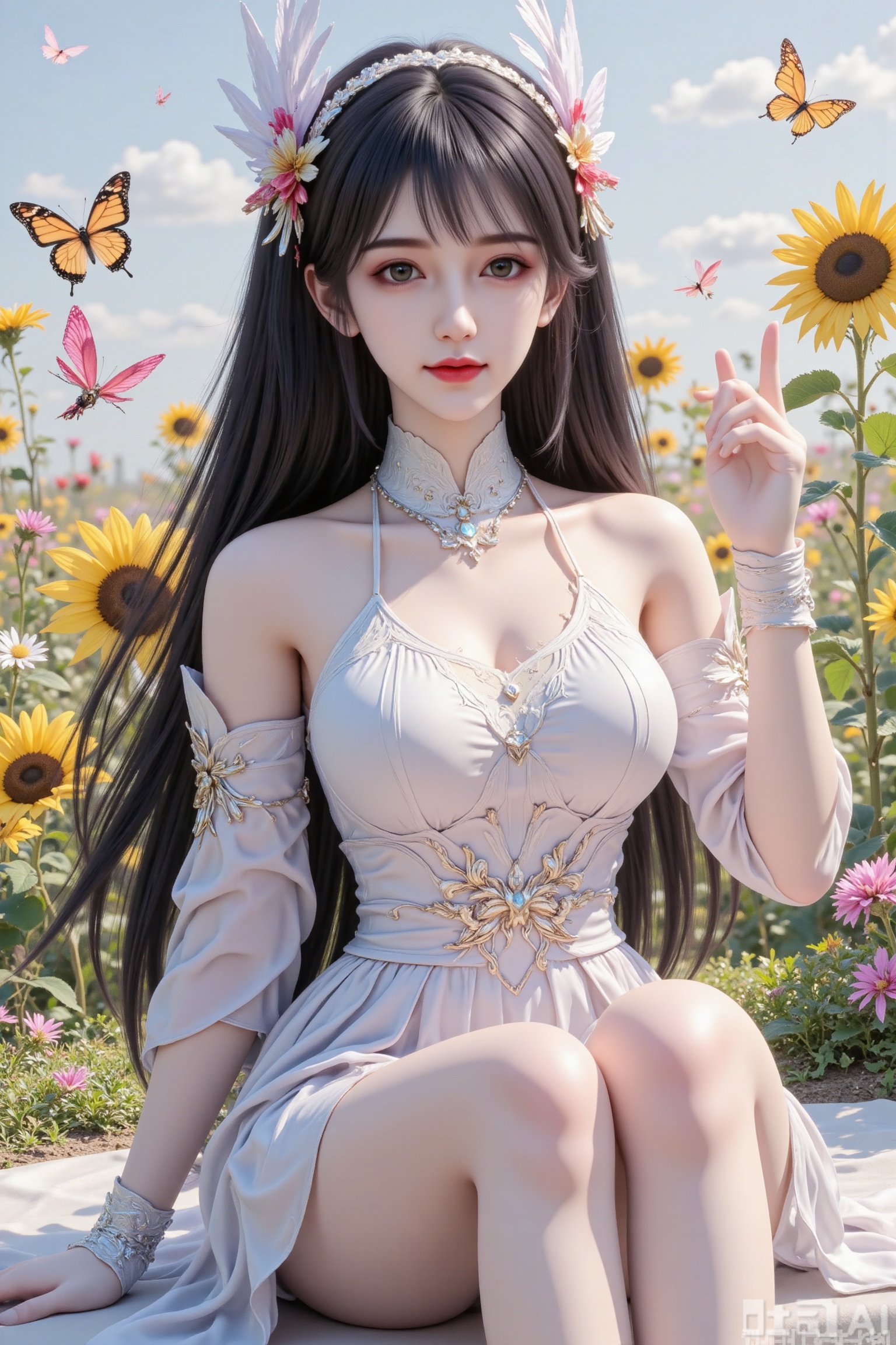 Masterpiece, the best quality, high quality, (colorful) , big breasts,,(black hair:1.4),(long legs:1.3), (cowboy_shot), (Good structure),1girl, solo, long hair, looking at viewer, smile, open mouth, bangs, blonde hair, gloves, dress, bow, bare shoulders, twintails, sitting, very long hair, green eyes, full body, flower, hair bow, hairband, white gloves, hand up, white dress, low twintails, bug, white bow, plant, butterfly, yellow flower, sunflower, weibo username, weibo logo, yellow butterfly, white butterfly
 ,masterpiece, best quality, backlight,high quality, (Tyndall Effect 2.0),extremely detailed, High Detail, vibrant colors, anime style, cover art,(wanke:0.8),(watercolor \(tira 7:0.8),(lam (ramdayo):0.8),(mochizuki kei:0.8),extreme aesthetic,masterpiece,best quality,good quality,newest,very aesthetic,absurdres,Visual impact,32K UHD,colorful,sharp focus
