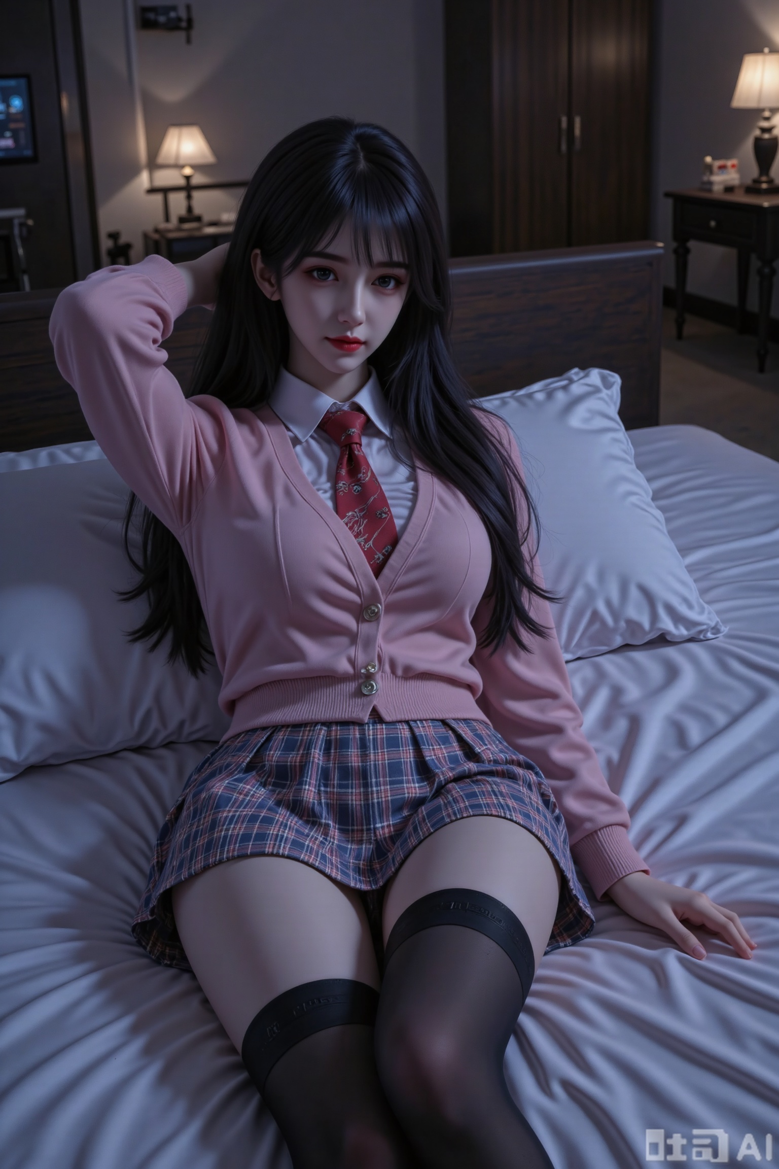 Masterpiece, the best quality, high quality, (colorful) , big breasts,,(black hair:1.4),(long legs:1.3),mlhc_style,a woman with long black hair is lying on her back on a bed, she is wearing a school uniform consisting of a pleated skirt, a cardigan, and a necktie, her outfit is complemented by black knee-high socks, the room has a dimly lit atmosphere, with light coming through the window shade, casting soft shadows on the bed, she appears to be in a relaxed pose, with one arm resting on her stomach and the other behind her head, the background features a dark interior, possibly a bedroom or a hotel room, with some furniture visible in the distance,