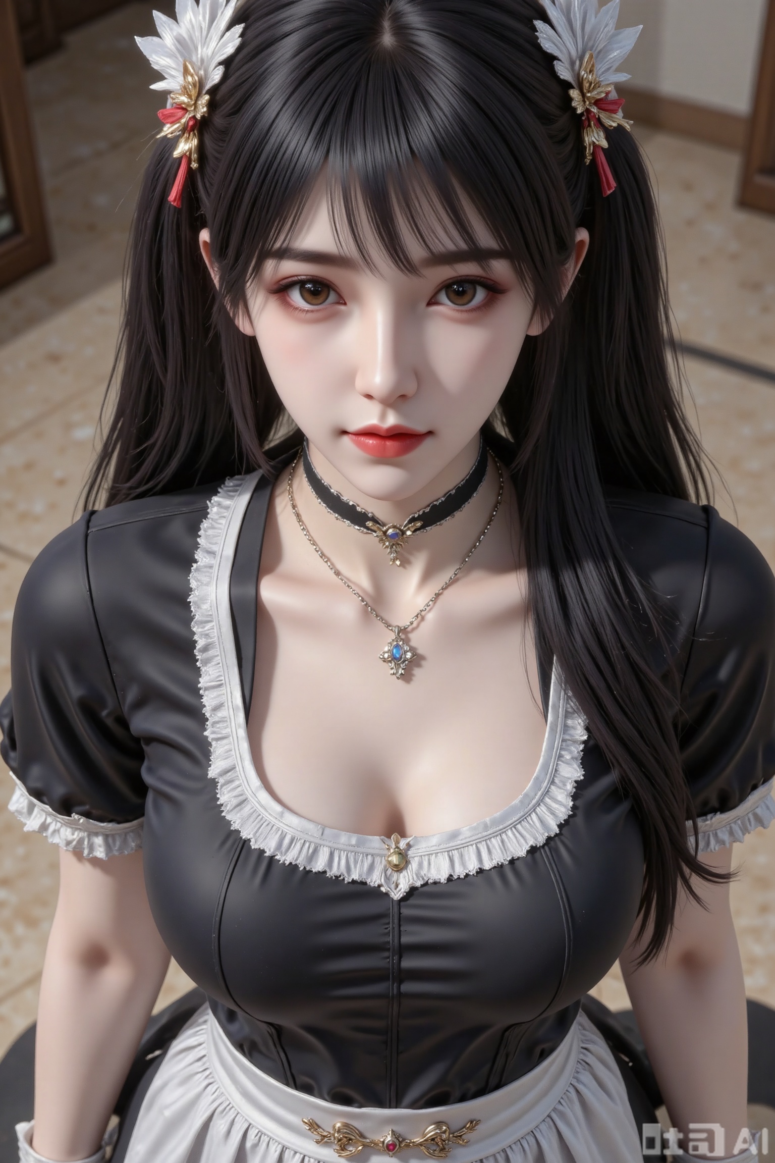 Masterpiece, the best quality, high quality,  small breasts,,(black hair:1.4),(long legs:1.3),（thin legs：1.4）,1girl,  long hair, breasts, looking at viewer, black hair, twintails, huge breasts, brown eyes, jewelry,frills, choker, necklace, apron, lips, wrist cuffs, maid, maid headdress, realistic, sexy apron,from above,close-up