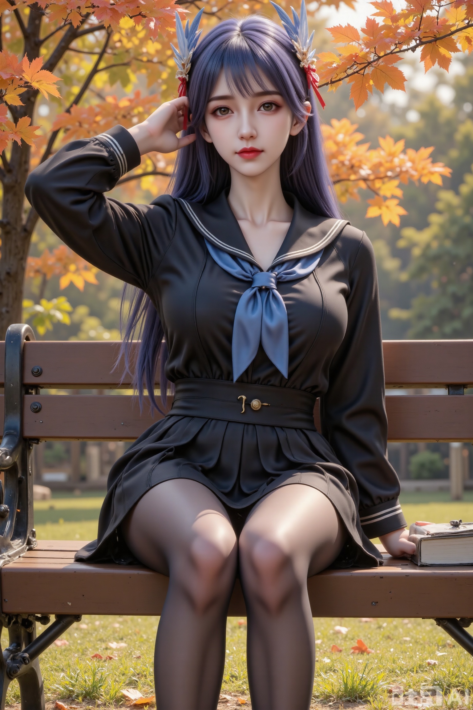 Masterpiece, best quality, high quality, (colorful), small chest, (blue hair: 1.4), (long legs: 1.3),1girl,solo,skirt,black hair,school uniform,shirt,lying,serafuku,black shirt,on back,blush,long sleeves,long hair,sailor collar,black skirt,black serafuku,pleated skirt,black sailor collar,bangs,looking at viewer,bow,autumn leaves,arm up,hair between eyes,leaf,outdoors,brown eyes,puffy long sleeves,bench,ginkgo leaf,closed mouth,day,on bench,parted lips,autumn,holding book,
//,
//,
official art,depth of field,detailed light,blurry background,best shadow,shiny skin,cinematic lighting,ray tracing,ultra-detailed textures,ultra-detailed body,ultra-detailed face,amazing quality,very aesthetic,absurdres,beast quality,ultra detailed,newest,8K,HDR,,
