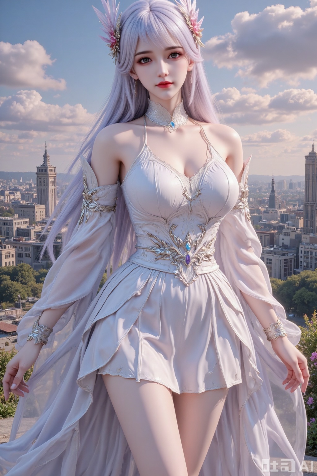 Masterpiece, best quality, high quality, (colorful), big breasts, (white hair: 1.4), (long legs: 1.3).1girl, white wedding dress,looking at viewer, mischevious smile, perfect body, scenery, sharp focus, best quality, masterpiece, detailed outfit, illustration, perfect eyes, finely detailed beautiful anime eyes, realistic skin, intricate details, best lighting, depth of field, ultra high resolution, cowboy_shot, bridedetailed,newest,8K,HDR,