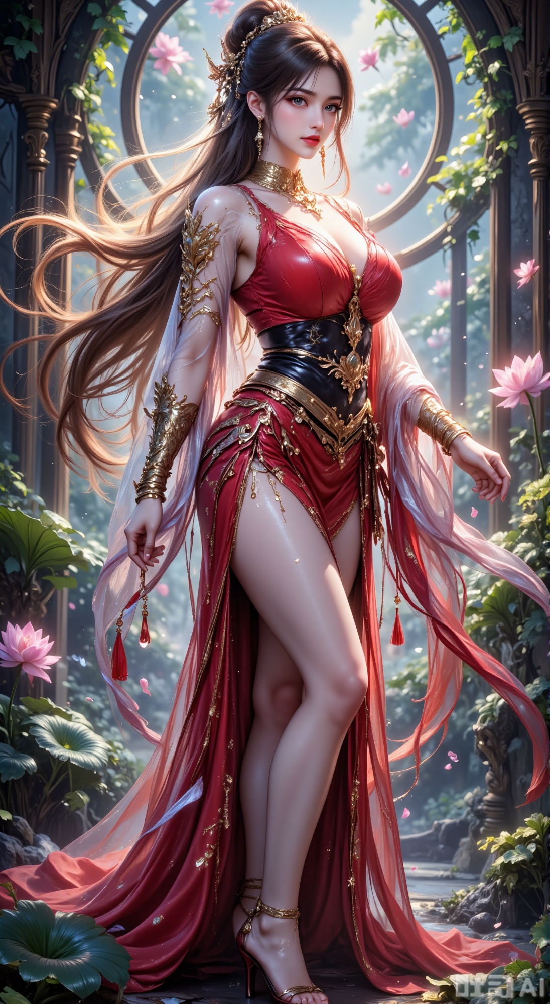 The image depicts a beautifully illustrated character with long, flowing hair adorned with intricate golden ornaments. The character is dressed in a traditional, elegant outfit with translucent, colorful fabric that appears to shimmer in the light. The character is surrounded by a lush garden filled with blooming lotus flowers, which are depicted in various stages of bloom, some fully open and others still budding. The background features a circular window or screen, through which more lotus flowers are visible, creating a serene and mystical atmosphere. The overall scene is bathed in a soft, ethereal glow, enhancing the dreamlike quality of the artwork.
