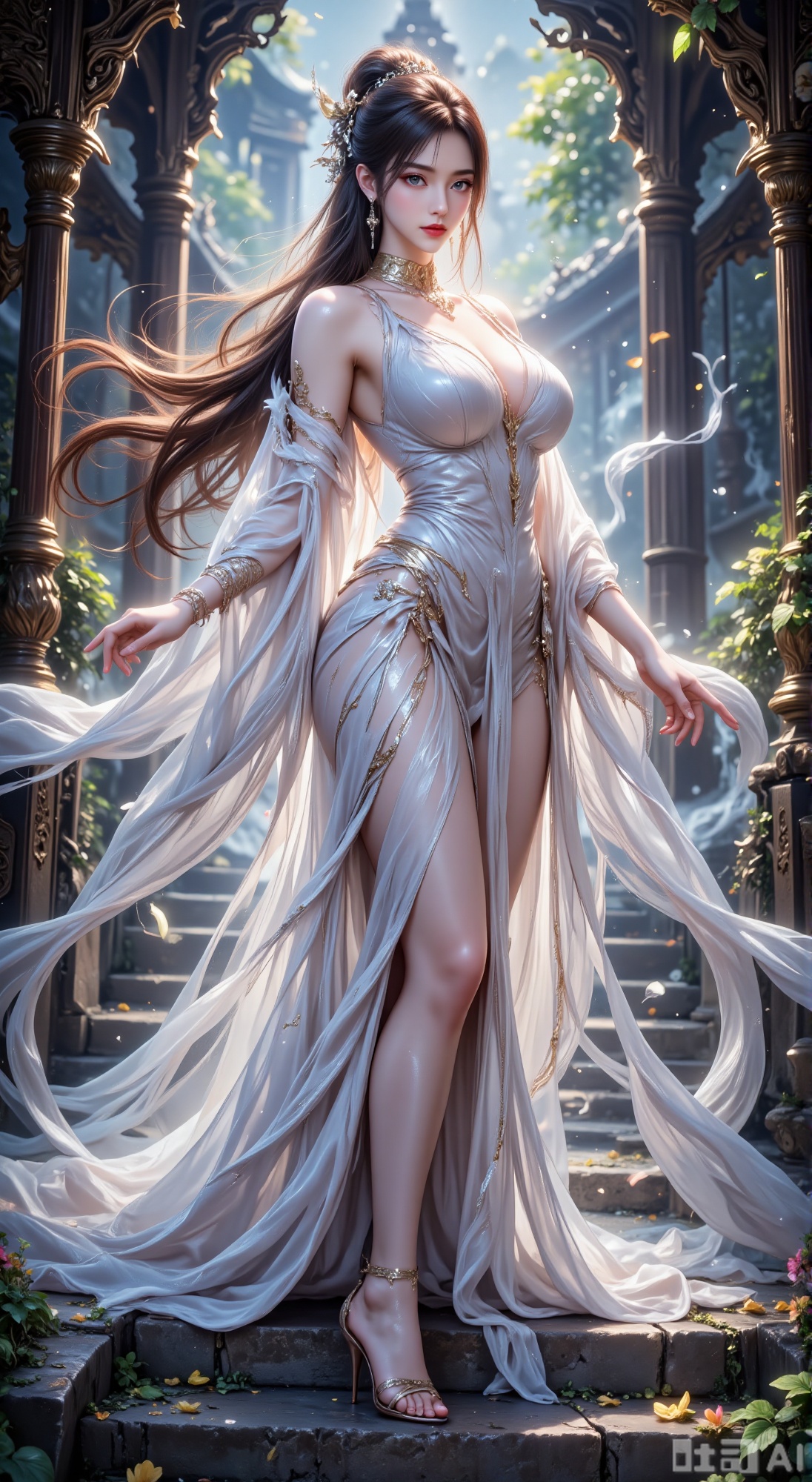 The image depicts a serene and ethereal scene with a woman standing on stone steps. She is dressed in a flowing white gown that billows gently, creating a sense of movement and grace. Her hair is long and adorned with delicate accessories, and she appears to be in a state of calm contemplation. The background features ornate architectural elements, including intricately carved pillars and a structure that suggests a traditional East Asian setting. Wisps of mist surround her, enhancing the mystical atmosphere. The overall composition is harmonious, blending natural and man-made elements seamlessly.