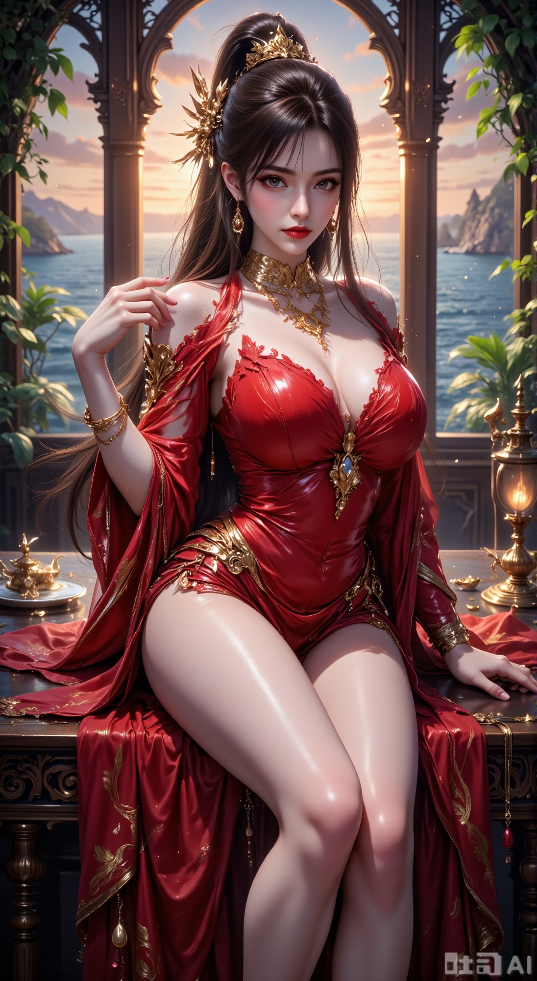 The image depicts a digitally rendered female character posed elegantly on a table. She is wearing a red and gold outfit w...