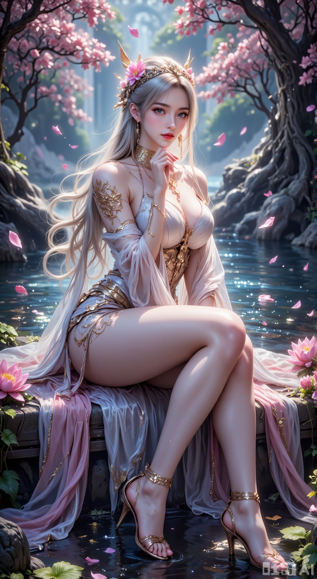 The image depicts a serene and ethereal scene with a young woman sitting by a pond. She is dressed in a flowing white outfit adorned with delicate lace and a headpiece that resembles a floral crown. Her long, silver hair cascades down her shoulders, and she is barefoot, with her legs crossed as she rests her chin on her hand. The background features a tranquil garden setting with blooming pink lotus flowers and a large tree trunk. Floating petals and a soft, glowing light enhance the dreamy atmosphere, creating a sense of peace and beauty.