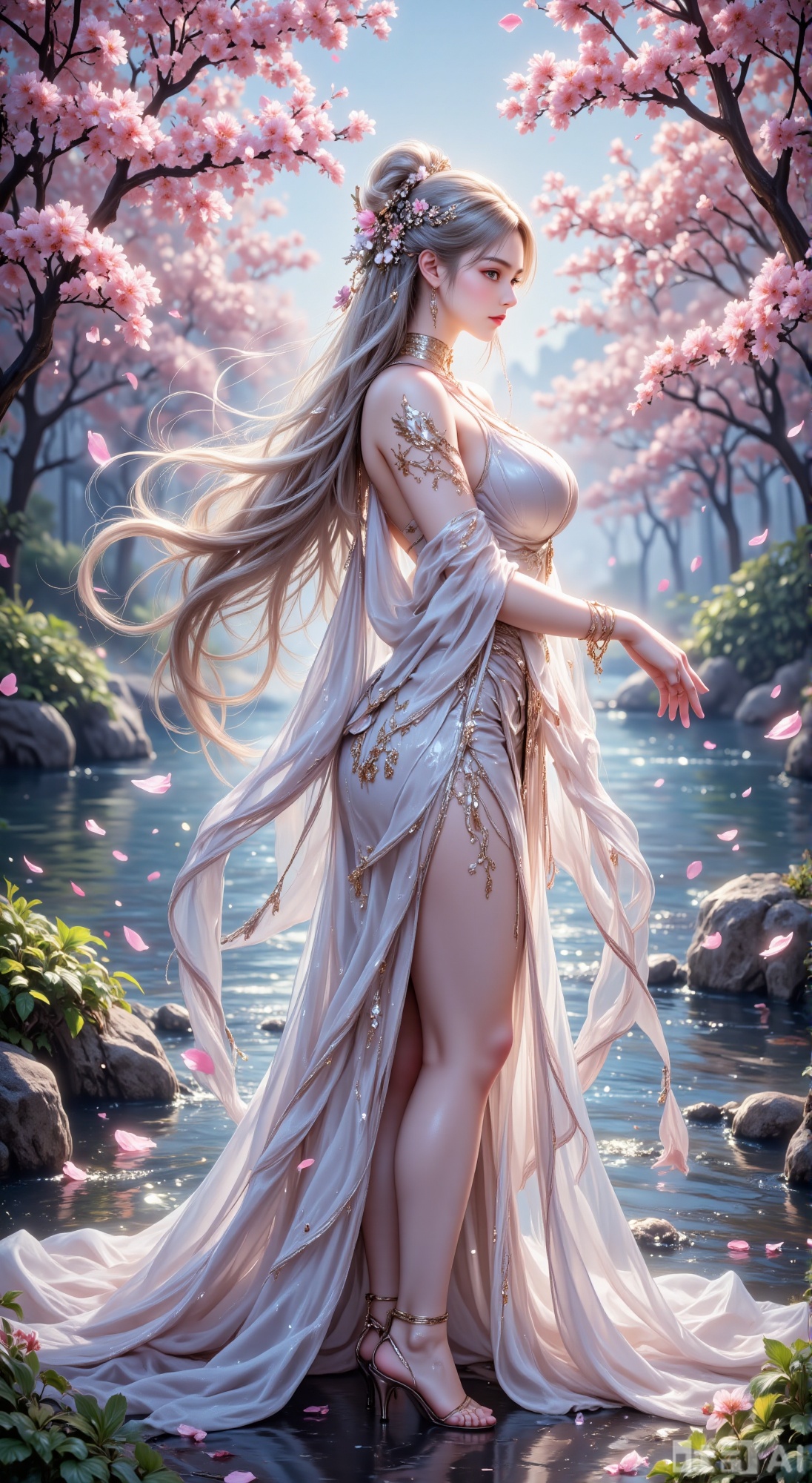 The image depicts a serene and ethereal scene with a woman standing by a tranquil pond. She is dressed in a flowing, white gown that complements the soft, dreamy atmosphere. Her long, silvery hair cascades gracefully, and she is adorned with delicate floral accessories that enhance her ethereal appearance. The background features blooming cherry blossoms, their pink petals gently floating in the air, creating a sense of peace and beauty. The pond is surrounded by lush greenery, and the water reflects the soft hues of the surroundings, adding to the overall tranquil ambiance.