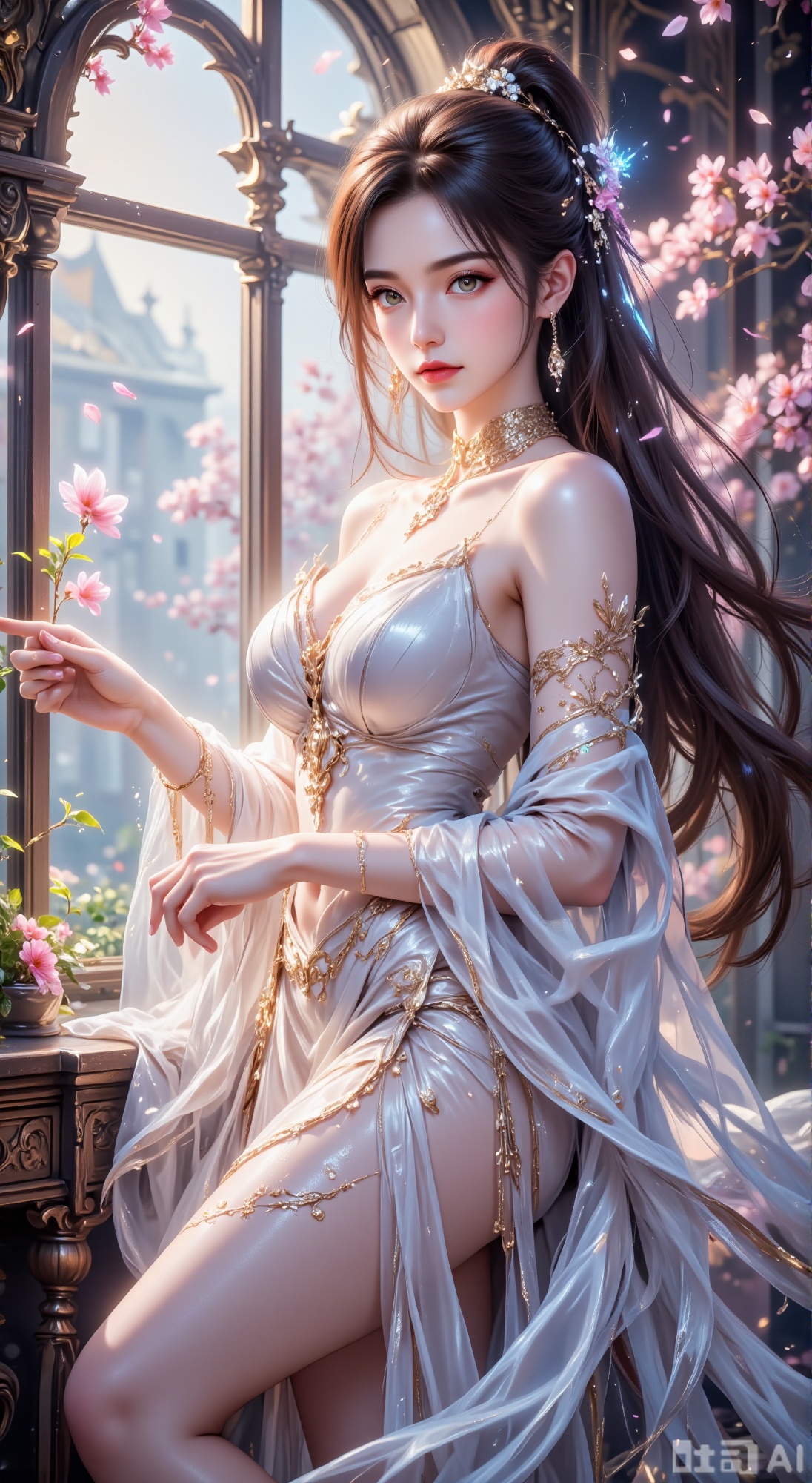 The image depicts a serene and ethereal scene with a woman dressed in a flowing white gown. Her long, wavy hair is adorned with delicate white flowers, and she stands near a large window with sheer curtains that allow soft light to filter through. The room is filled with a sense of tranquility, enhanced by the presence of pink cherry blossoms in the background. The woman's gaze is directed towards the viewer, creating a connection between her and the observer. The overall atmosphere is one of elegance and calmness, with a focus on the delicate details of her attire and the surrounding beauty.