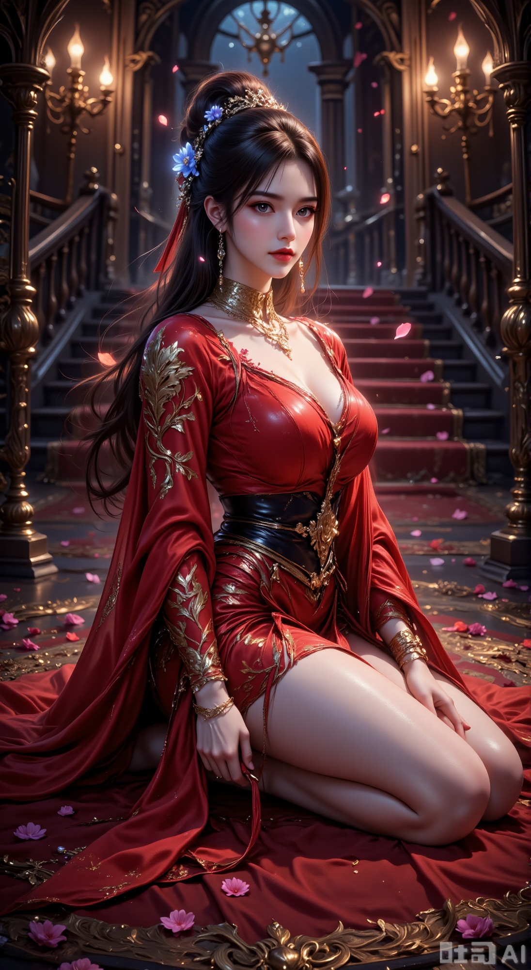 The image depicts a woman dressed in a red, long-sleeved garment with intricate embroidery. She is kneeling on a red carpet that is scattered with rose petals. The setting appears to be a luxurious interior, with a grand staircase leading up to a dimly lit room. The room is adorned with tall, ornate candle holders, and there are multiple lit candles providing a warm, ambient glow. The woman has long, dark hair styled with blue flowers, and her expression is serene and confident. The overall atmosphere is opulent and romantic, with a focus on the woman as the central figure.