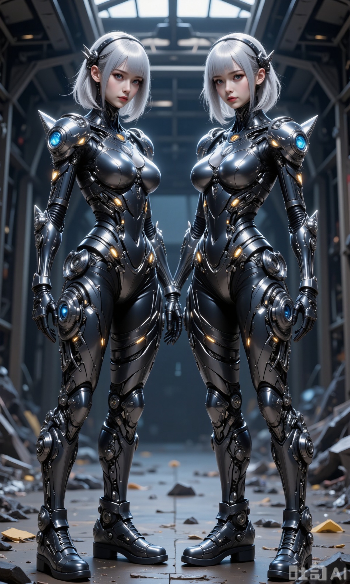 The image depicts two identical female characters standing in an industrial setting. They are both wearing futuristic, cybernetic-style armor with intricate designs and glowing elements. The armor covers their arms, legs, and torso, with a focus on the chest and back areas. Their hair is short and white, styled with mechanical components integrated into their hair and headgear. The background shows a large, industrial structure with metal beams and a dimly lit environment, suggesting a post-apocalyptic or dystopian setting. Debris and scattered objects are visible on the ground, adding to the gritty atmosphere.