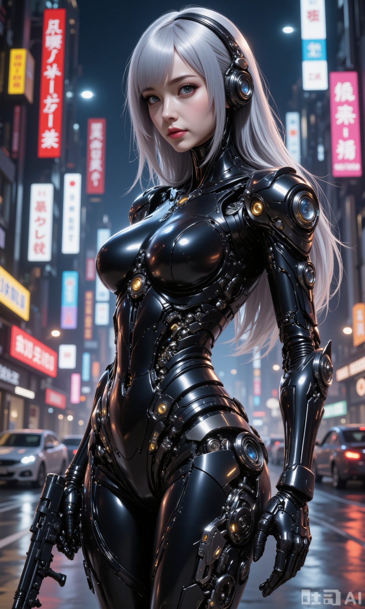The image depicts a futuristic scene set in a city with tall buildings and neon signs. The central figure is a humanoid robot with sleek black armor and silver hair. The robot is holding a gun in its right hand and a device in its left hand. The background shows a bustling urban environment with cars and illuminated signs in various colors, including red and yellow. The overall atmosphere is cyberpunk, with a focus on advanced technology and a high-tech cityscape.