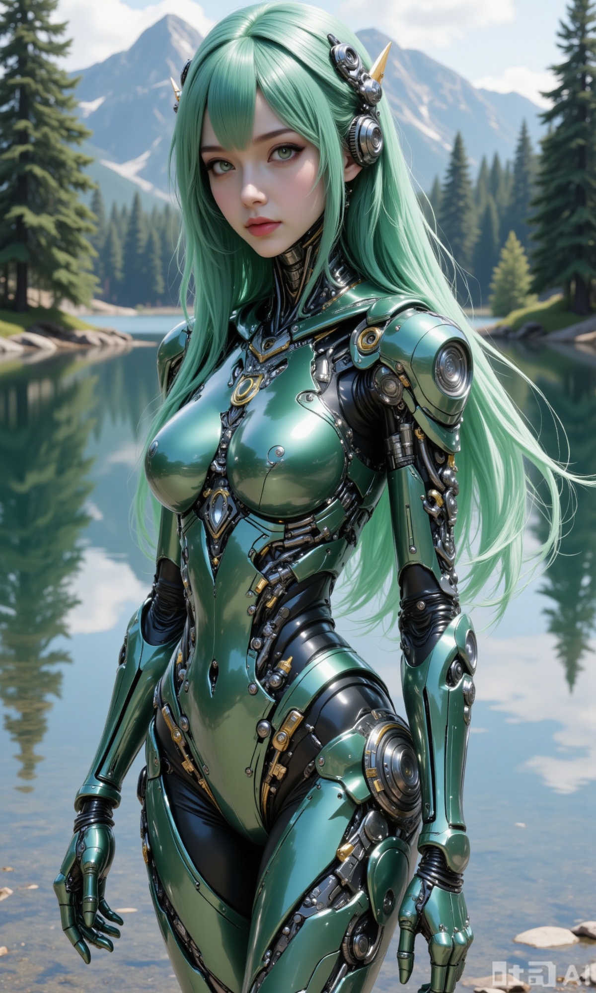 The image depicts a futuristic character with long, flowing green hair and pointed ears, wearing a sleek, metallic bodysuit that appears to be a blend of organic and mechanical elements. The character is standing by a serene lake, surrounded by tall pine trees and mountains in the background. The reflection of the trees and mountains can be seen on the calm water of the lake. The character's outfit is detailed with intricate mechanical components and gold accents, giving it a high-tech appearance. The overall scene is peaceful and natural, with the character looking directly at the viewer.