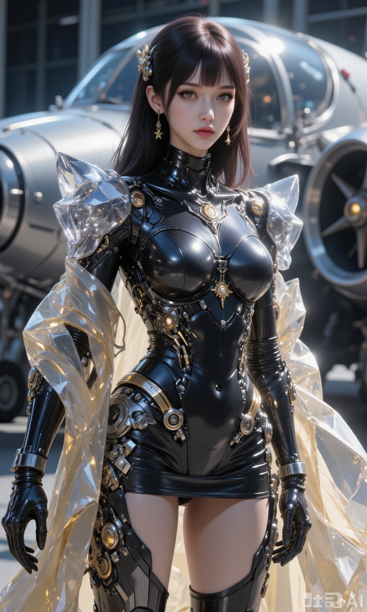The image depicts a futuristic and stylish scene with a woman standing confidently in front of a large, advanced aircraft. She is dressed in a chic outfit consisting of a black latex mini-dress, a white blouse with puffed sleeves, and a long, cream-colored coat. Her attire is accessorized with gold jewelry, including earrings and a necklace with a star-shaped pendant. The background features a sleek, high-tech aircraft with visible propellers and metallic details, suggesting a setting in a futuristic or sci-fi environment. The overall atmosphere is one of sophistication and advanced technology.
