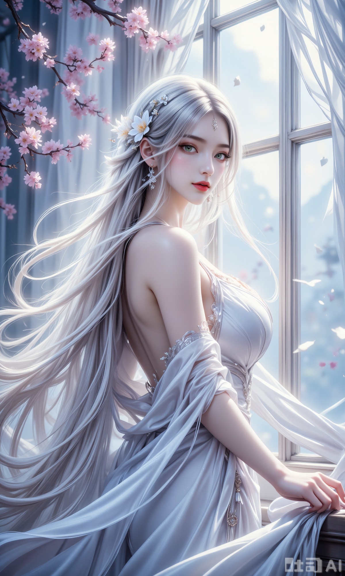 The image depicts a serene and ethereal scene with a woman dressed in a flowing white gown. Her long, wavy hair is adorned with delicate white flowers, and she stands near a large window with sheer curtains that allow soft light to filter through. The room is filled with a sense of tranquility, enhanced by the presence of pink cherry blossoms in the background. The woman's gaze is directed towards the viewer, creating a connection between her and the observer. The overall atmosphere is one of elegance and calmness, with a focus on the delicate details of her attire and the surrounding beauty.
