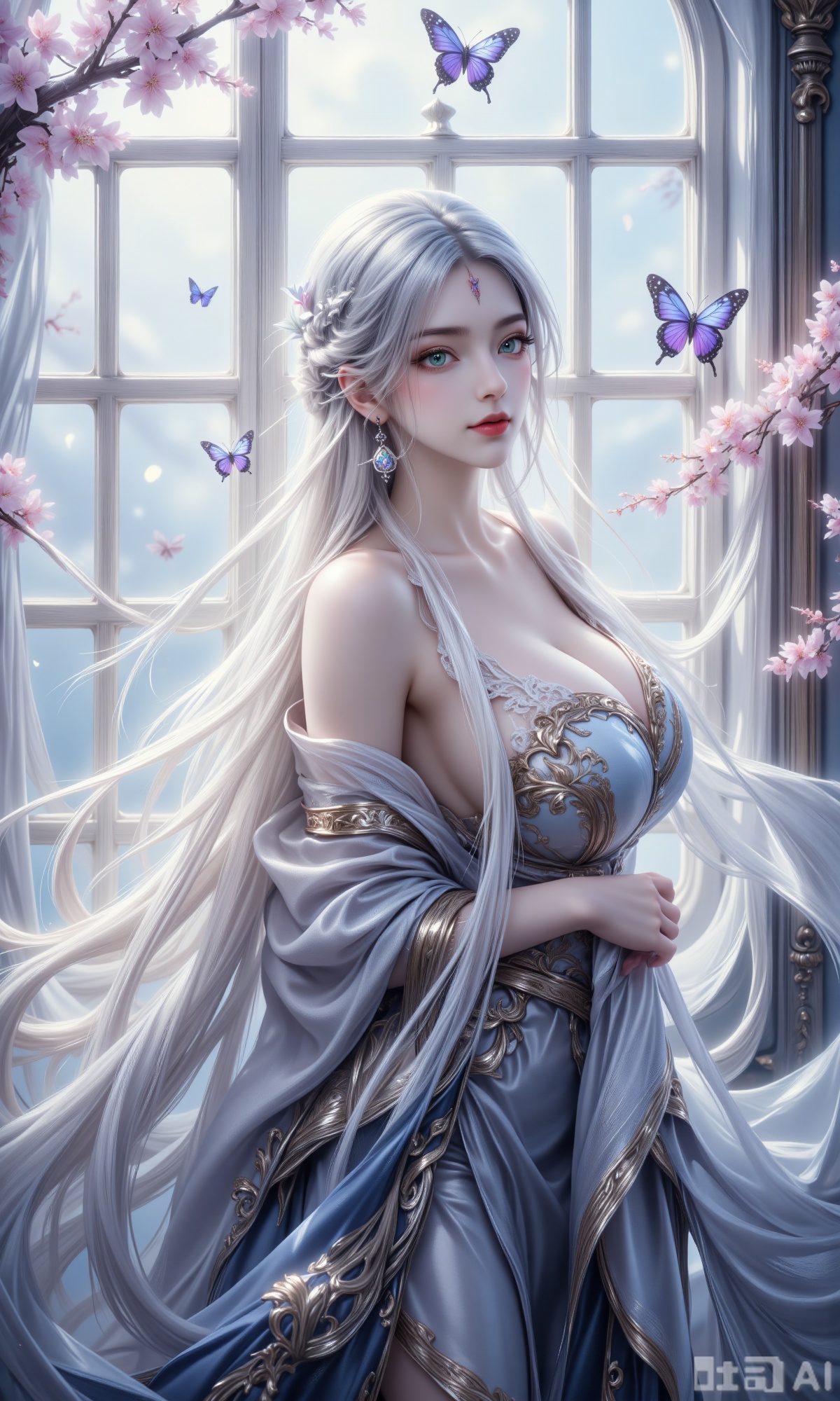 The image depicts a serene and ethereal scene with a woman standing by a large window. She has long, flowing white hair styled in a braid, adorned with delicate earrings. Her attire is elegant, featuring a white lace top and a dark, intricately designed fabric draped over her shoulders. The background showcases a soft, pastel-colored room with a large window that allows natural light to filter in, creating a tranquil atmosphere. Outside the window, there are cherry blossoms and butterflies, adding a touch of nature's beauty. The overall composition is dreamy and artistic, with a focus on the woman's serene expression and the delicate details of her surroundings.