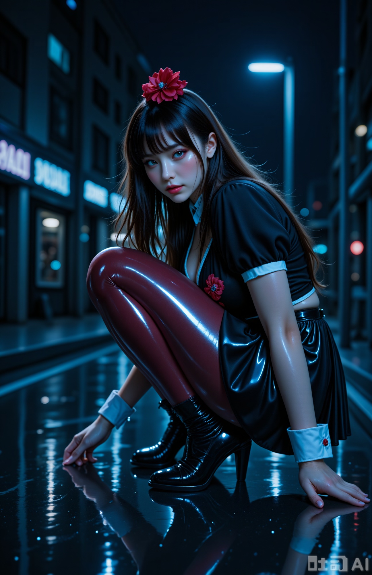 The image depicts a person crouching on a wet street at night. The individual is wearing a black dress with red floral patterns and red stockings with black garters. A large red flower is pinned to their hair, which is styled in bangs. The background shows a dimly lit urban street with buildings and streetlights, creating a moody atmosphere. 