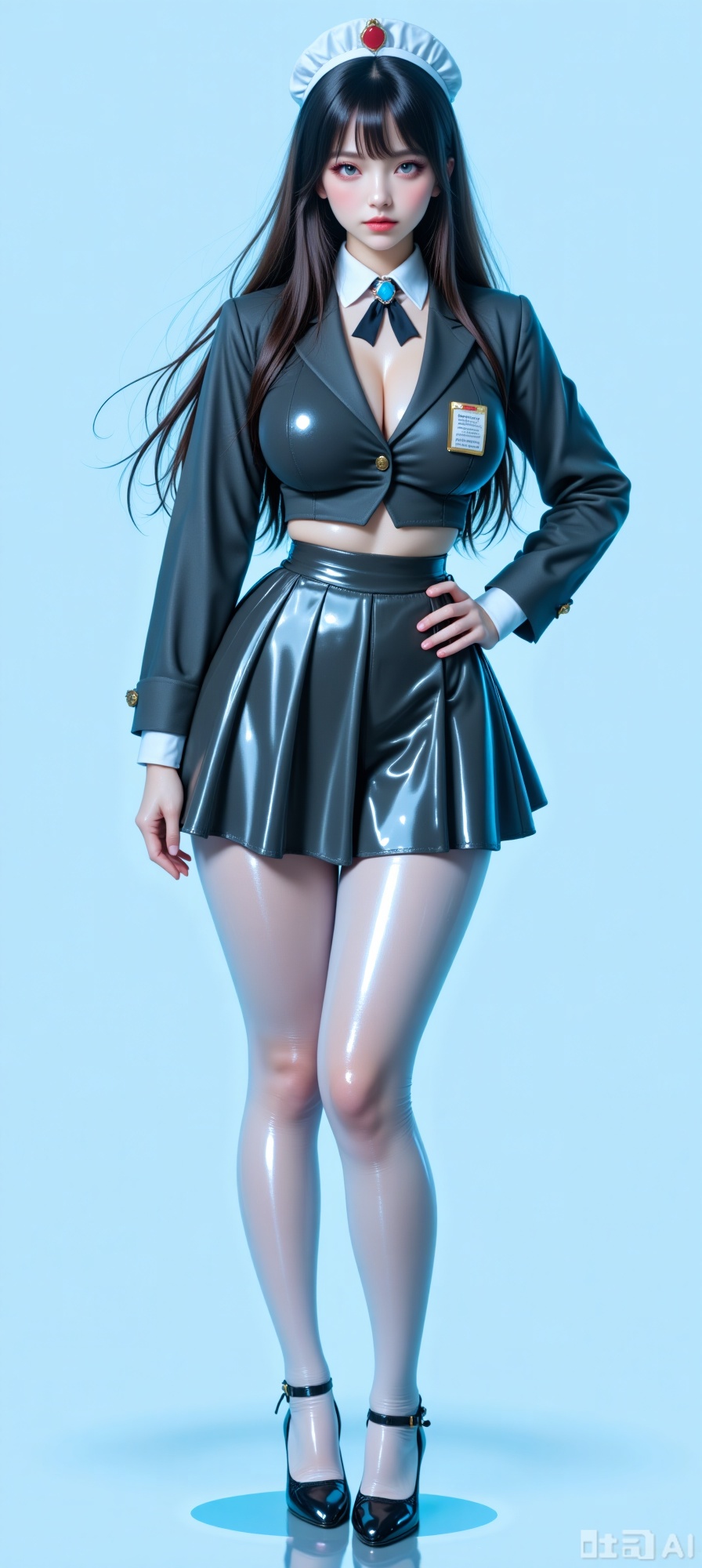 The image depicts a stylized anime-style character with long, flowing black hair. She is wearing a dark gray uniform that includes a short skirt, a white collar, and a high-collared jacket. The character has a prominent, large nose and is adorned with a small, circular headpiece featuring a red and white design. She is also wearing sheer black stockings and black high-heeled shoes with red soles. The background is a solid light blue color, providing a clear contrast to the character's dark attire. The character is posed in a confident stance, with one leg slightly bent and her hand resting on her hip. There is a small badge or card attached to her uniform, which is visible near her waist. The overall composition is clean and focused on the character, with no additional objects or distractions in the background.