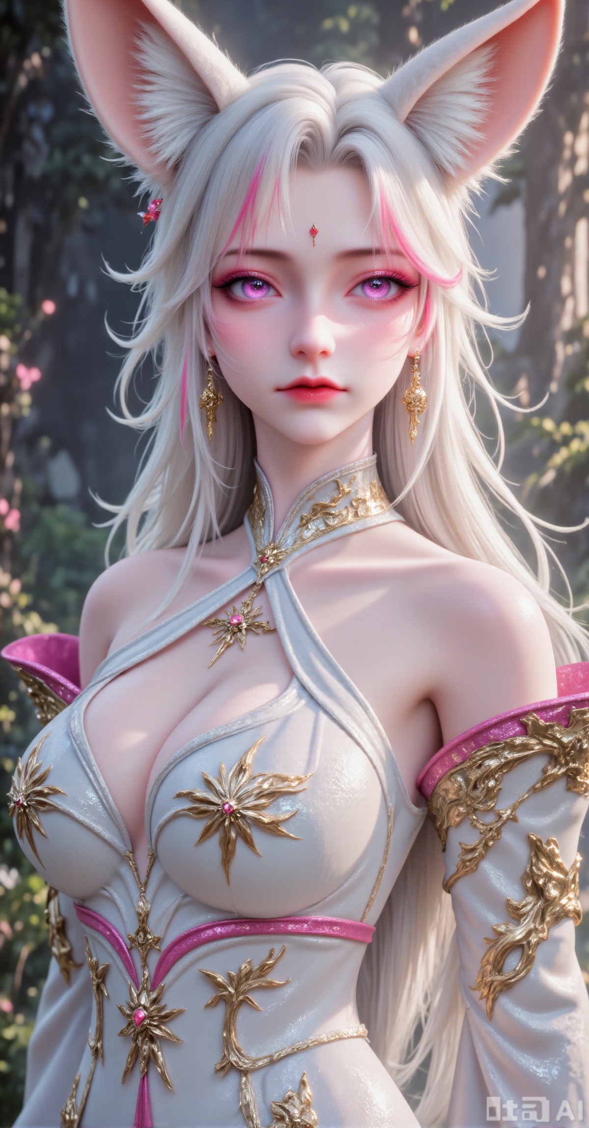 prompt: masterpiece, best quality, ultra - detailed, a fox - eared girl as the center, white - gold hair with pink highlights, large fox ears (pink inner), purple eyes, fantasy dress (light blue + gold patterns, off - shoulder, pink - gold shoulder armor), misty forest background, soft natural lighting, 3D anime rendering, cinematic composition, 8K,