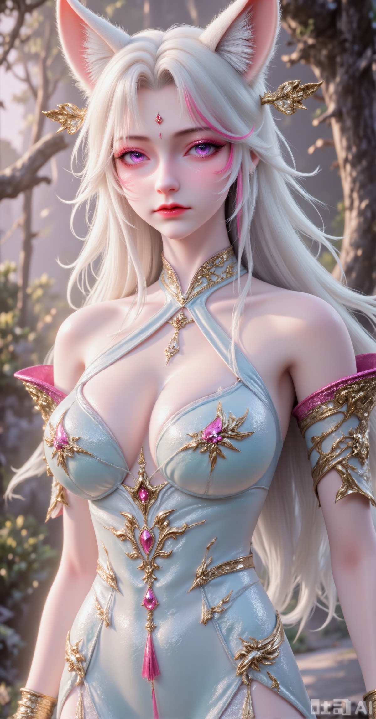 prompt: masterpiece, best quality, ultra - detailed, a fox - eared girl as the center, white - gold hair with pink highlights, large fox ears (pink inner), purple eyes, fantasy dress (light blue + gold patterns, off - shoulder, pink - gold shoulder armor), misty forest background, soft natural lighting, 3D anime rendering, cinematic composition, 8K,