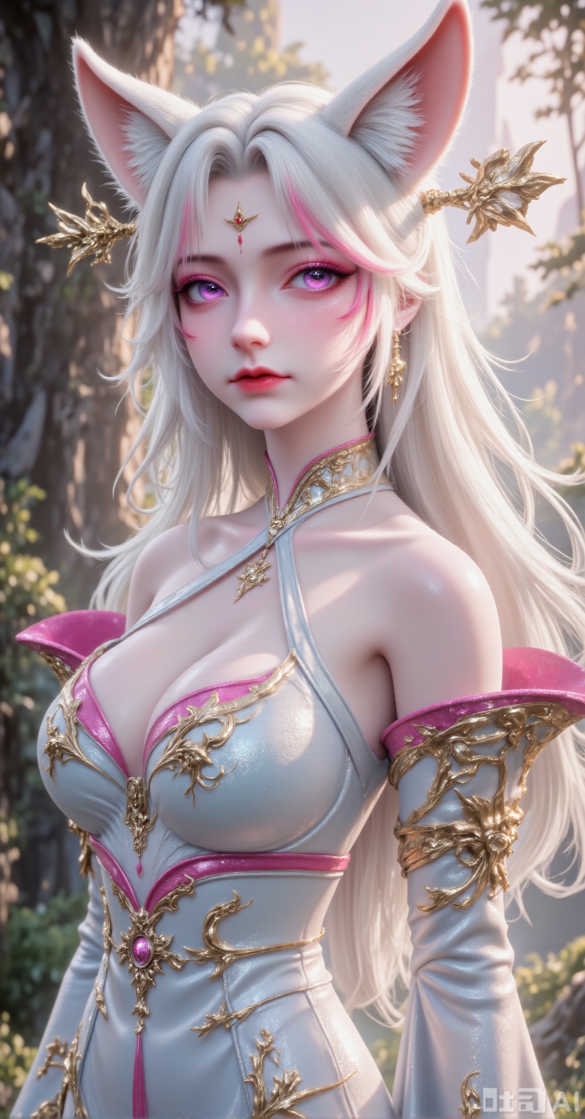 prompt: masterpiece, best quality, ultra - detailed, a fox - eared girl as the center, white - gold hair with pink highlights, large fox ears (pink inner), purple eyes, fantasy dress (light blue + gold patterns, off - shoulder, pink - gold shoulder armor), misty forest background, soft natural lighting, 3D anime rendering, cinematic composition, 8K,