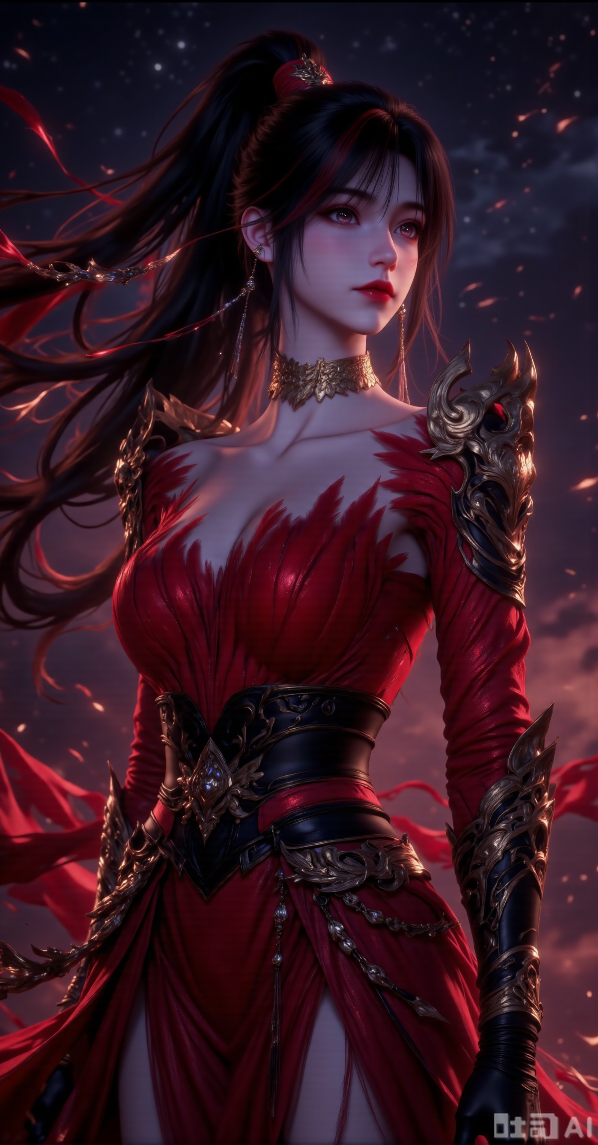 "A mysterious and noble woman wears an ornate crimson robe adorned with intricate golden embroidery, her shoulders and arms clad in finely crafted metallic armor with a cold gleam. Her high ponytail flows gracefully, the ends shimmering with an ethereal glow. Her expression is serene yet commanding, eyes deep and enigmatic. Standing in a poised side profile, her posture exudes elegance and power. The backdrop is a vast starry night sky, illuminated by drifting crimson light and twinkling stars, creating a mystical and grand atmosphere. Dominated by dark red, gold, and black tones, the composition features dramatic lighting contrasts for maximum visual impact, rendered in 8K ultra-detailed fantasy style.",zxe